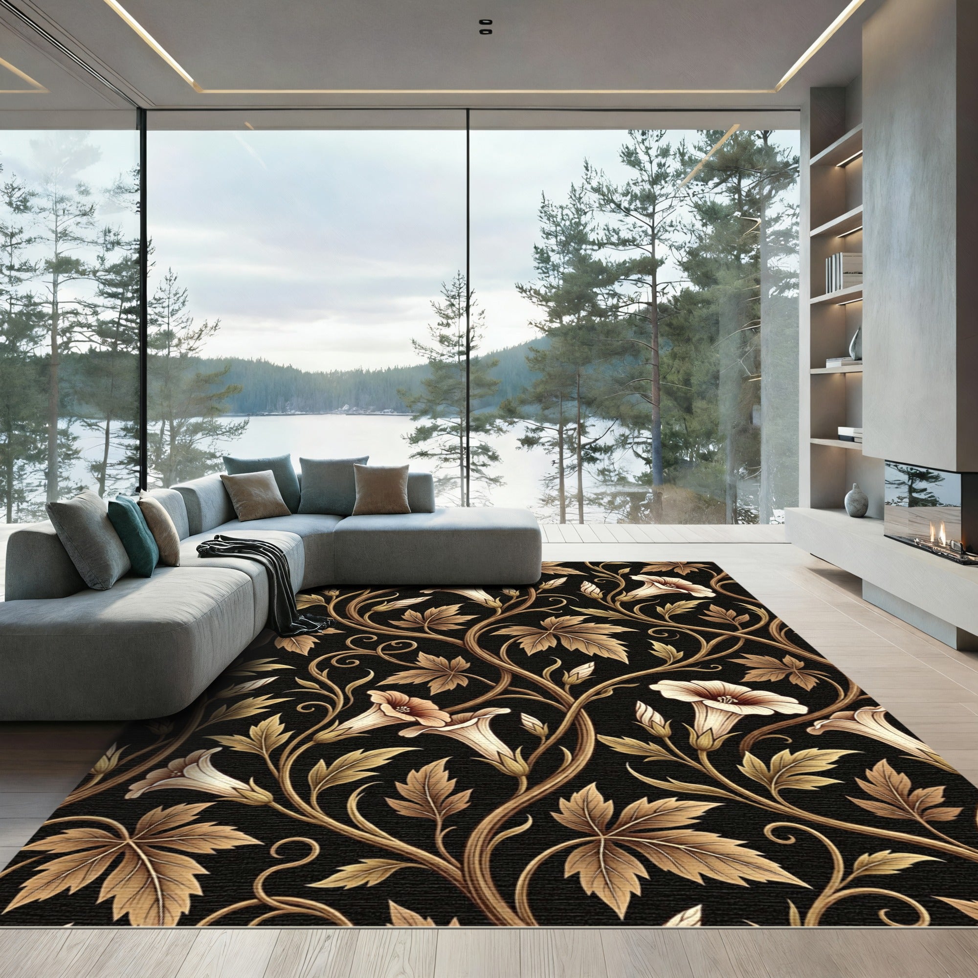 Antique Gold Floral Vine Swirl Rug
