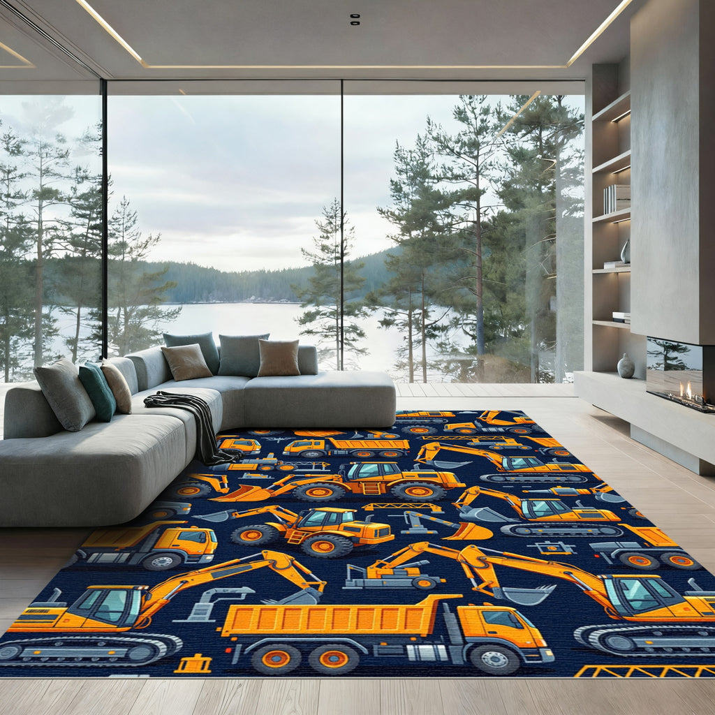 Vibrant Yellow Construction Vehicle Fleet Rug