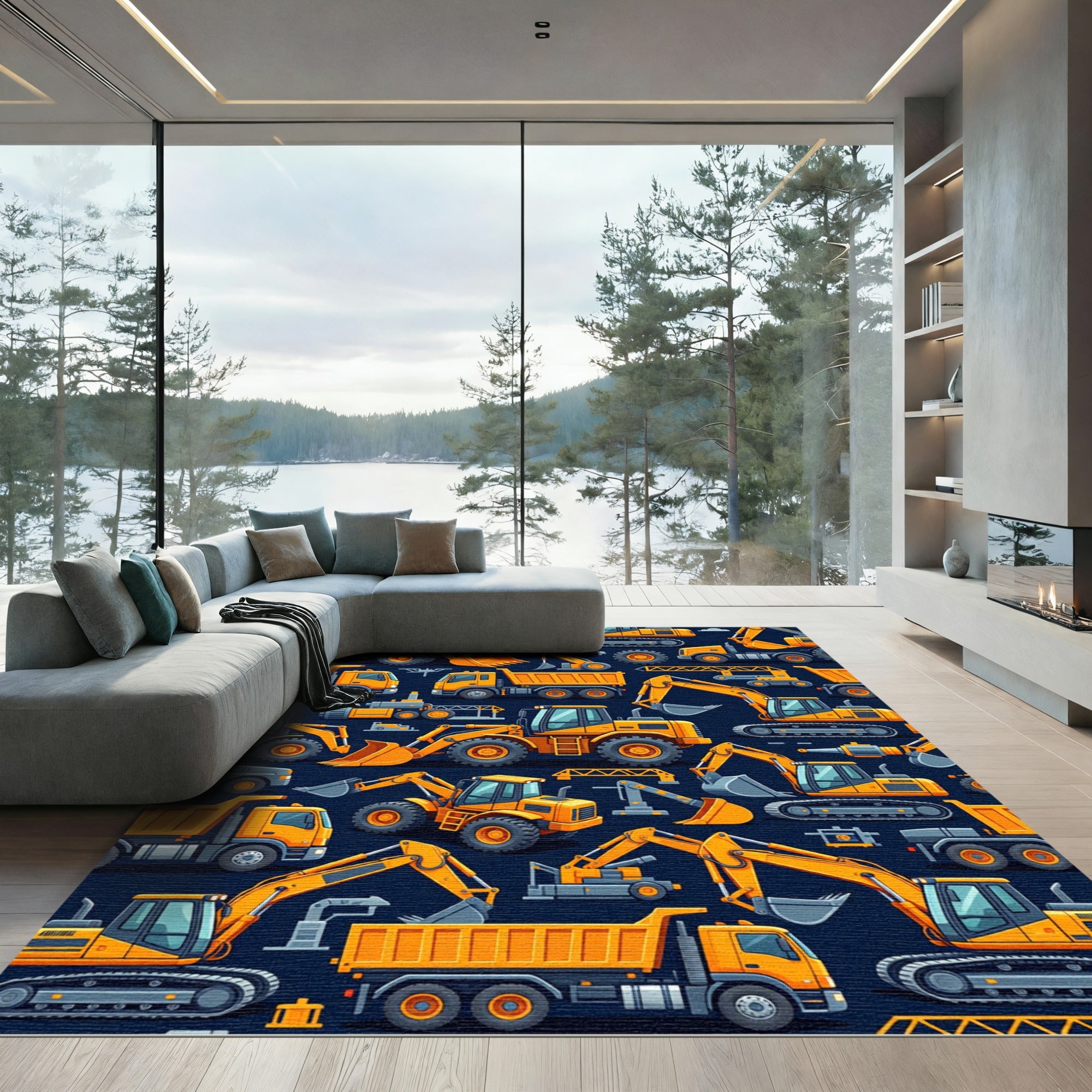 Vibrant Yellow Construction Vehicle Fleet Rug