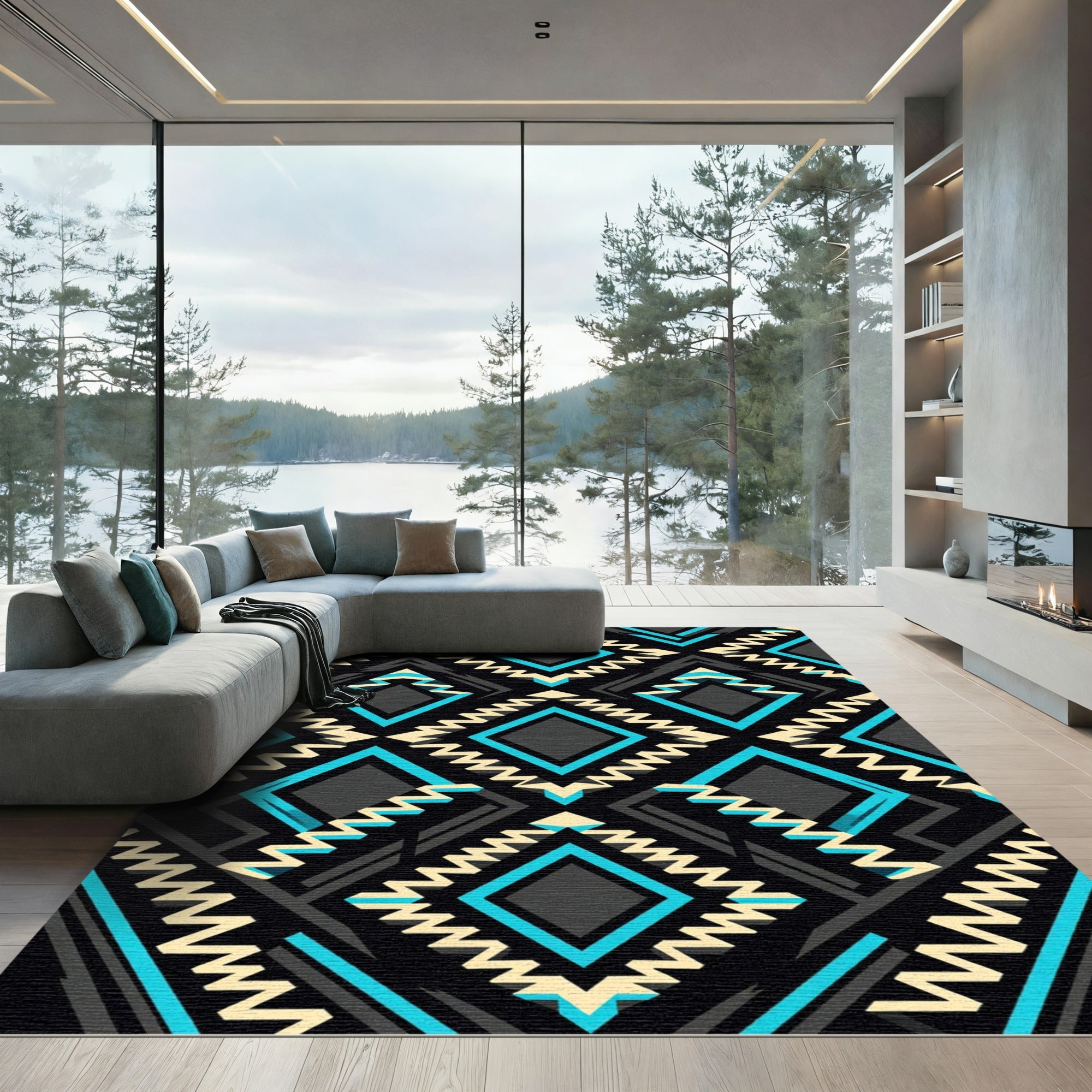 Black Aqua Cream Geometric Arrows Rug