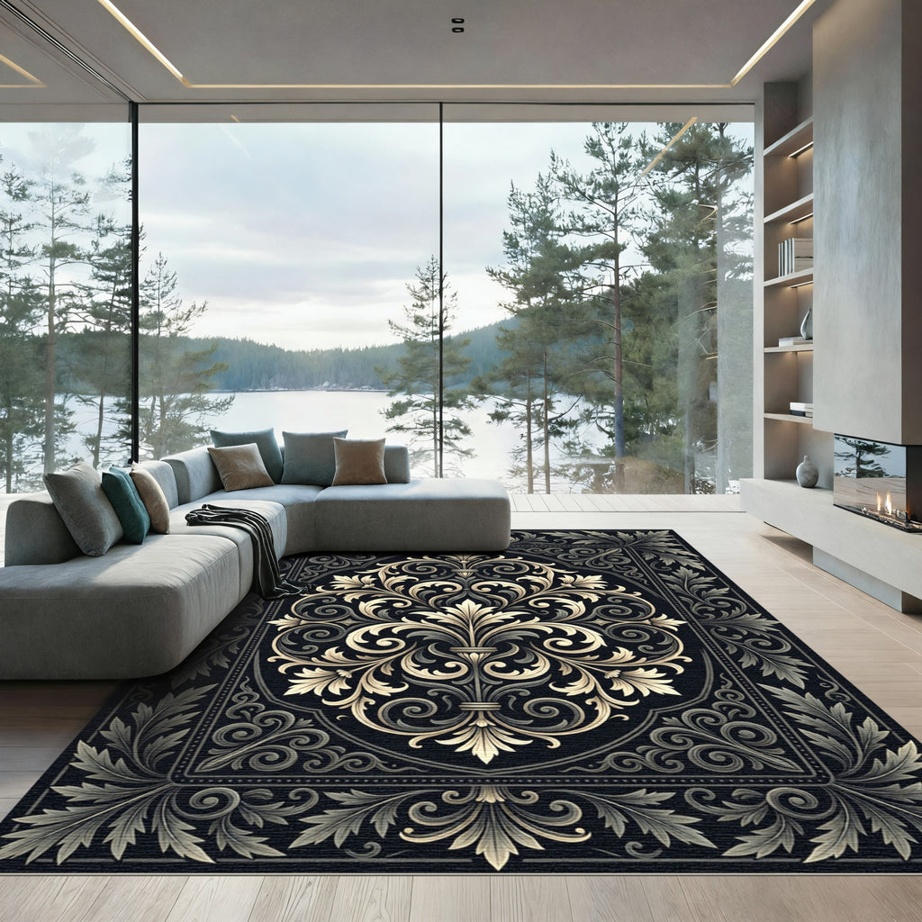 Ornate Black and Gold Acanthus Leaf Rug