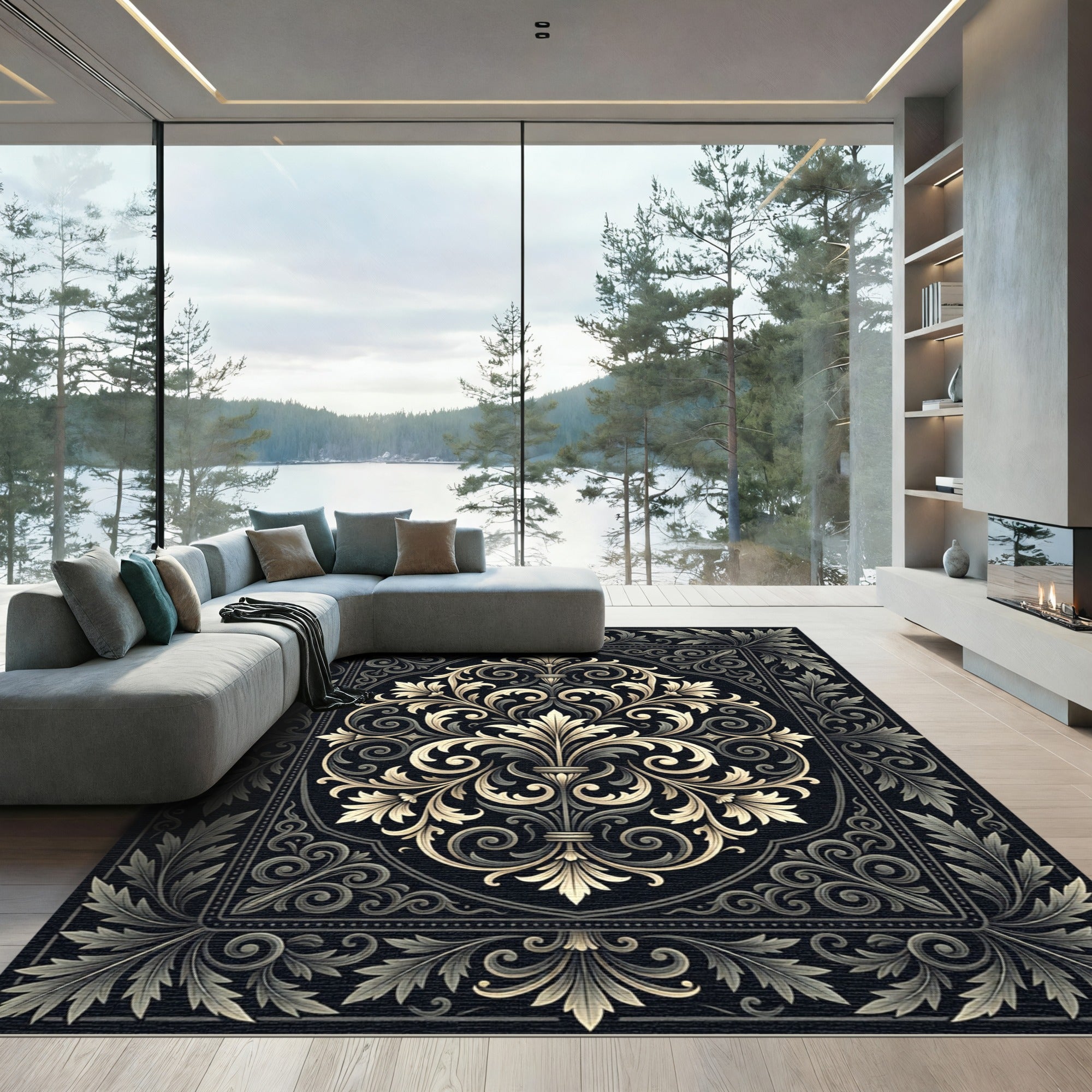 Ornate Black and Gold Acanthus Leaf Rug