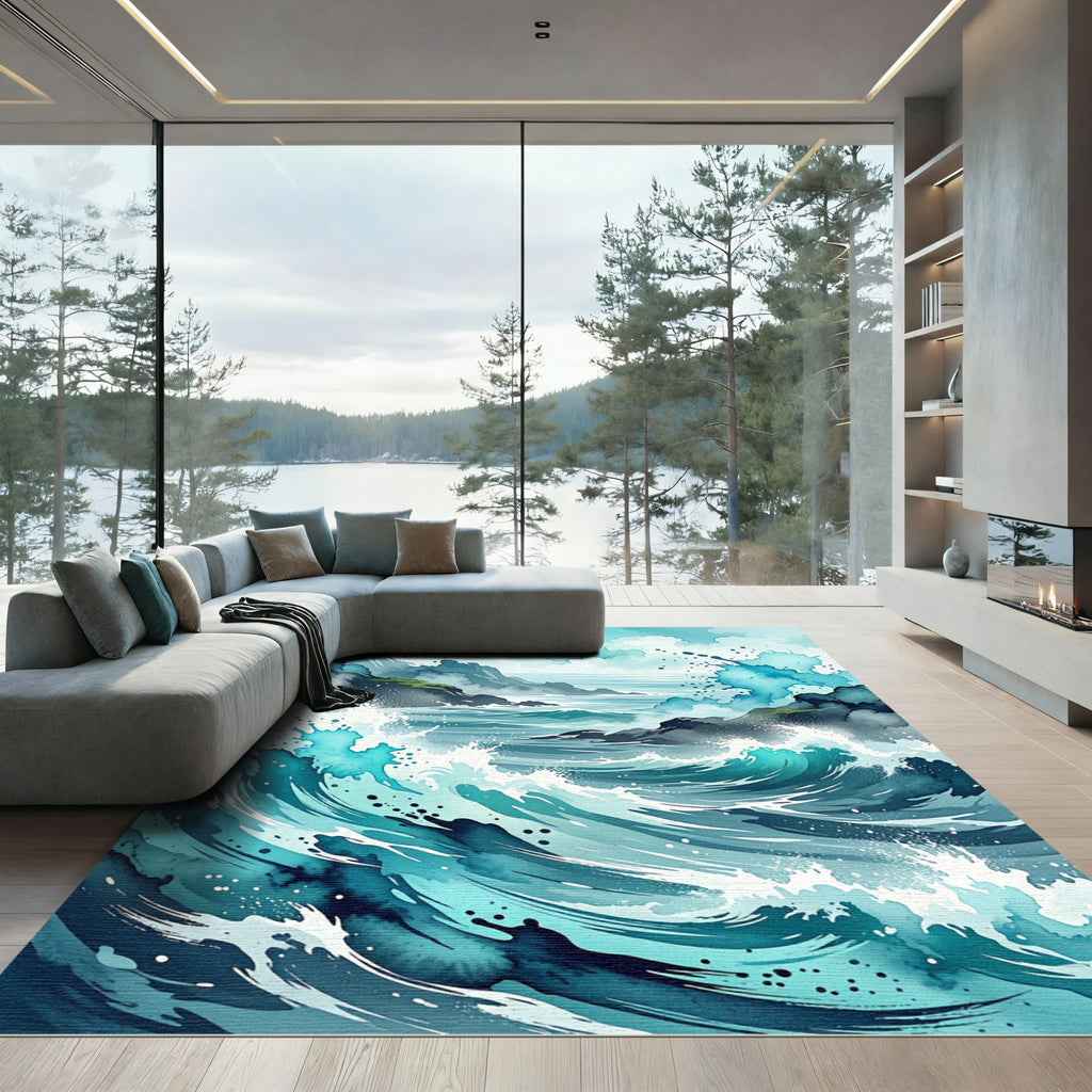 Dramatic Blue Coastal Ocean Wave Rug
