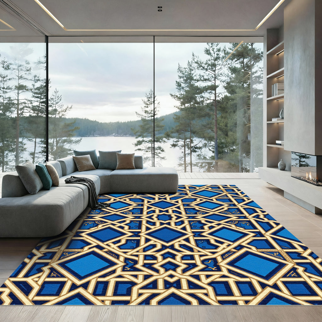 Geometric Blue and Gold Lattice Rug