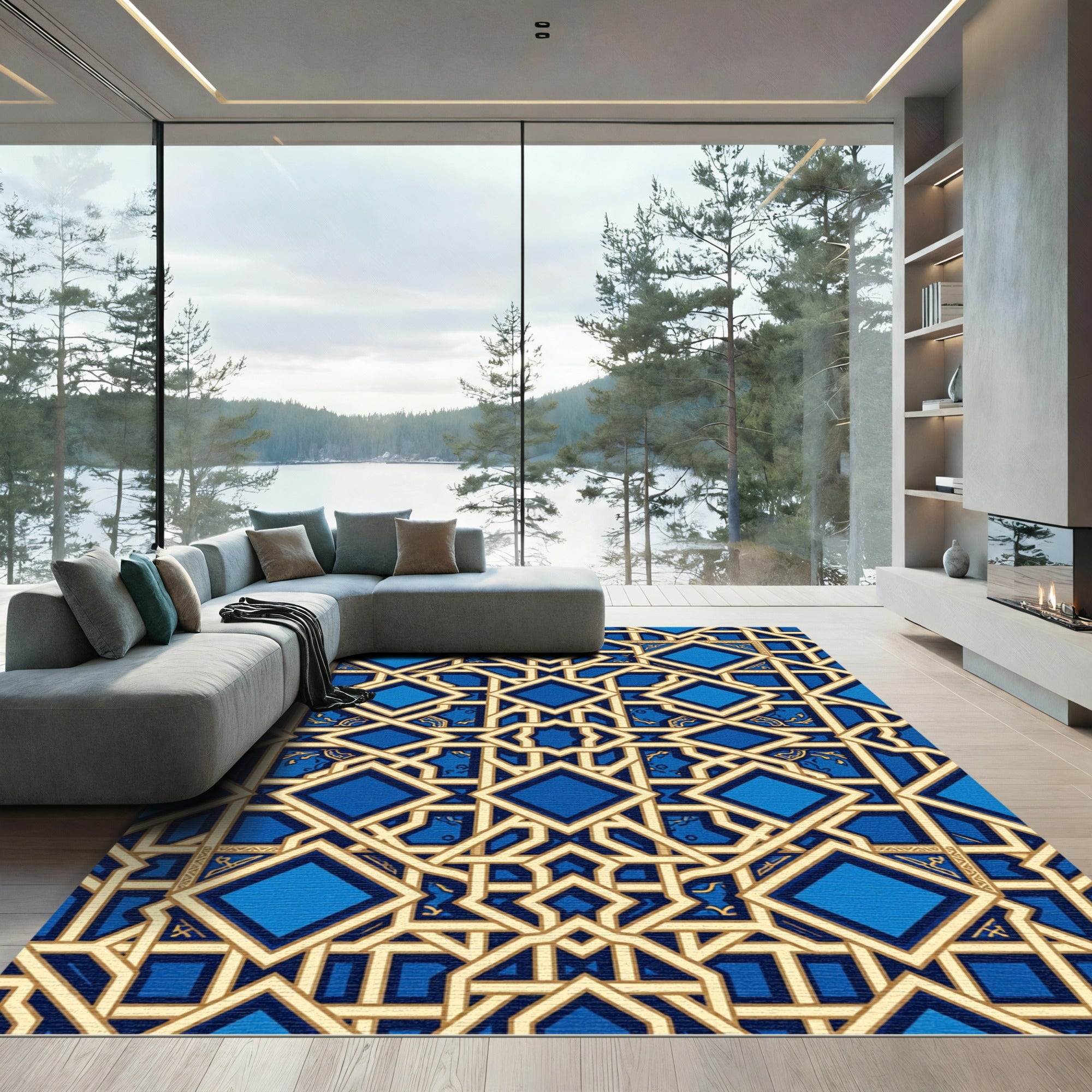 Geometric Blue and Gold Lattice Rug