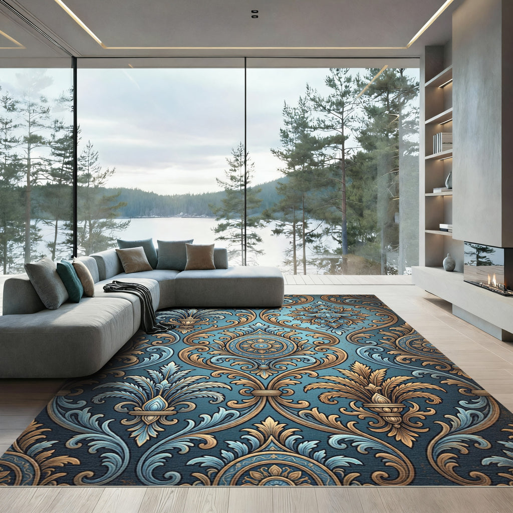 Ornate Teal Gold Damask Flourish Rug