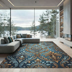 Ornate Teal Gold Damask Flourish Rug