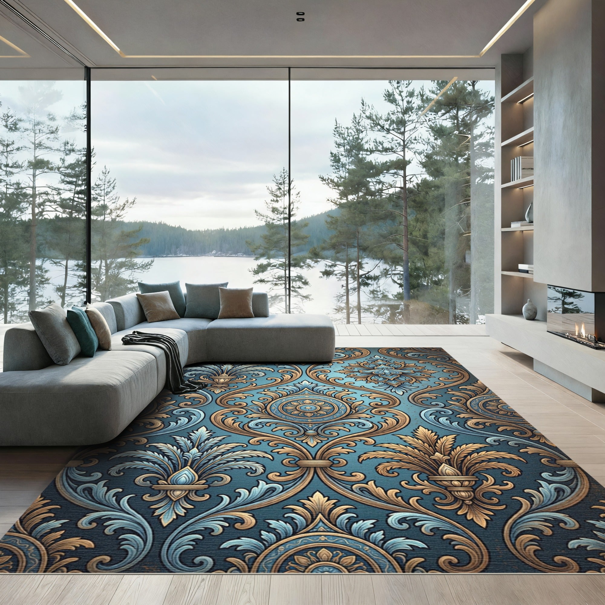 Ornate Teal Gold Damask Flourish Rug