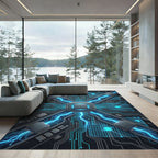Glowing Cybernetic Circuitry Electric Blue Grid Rug