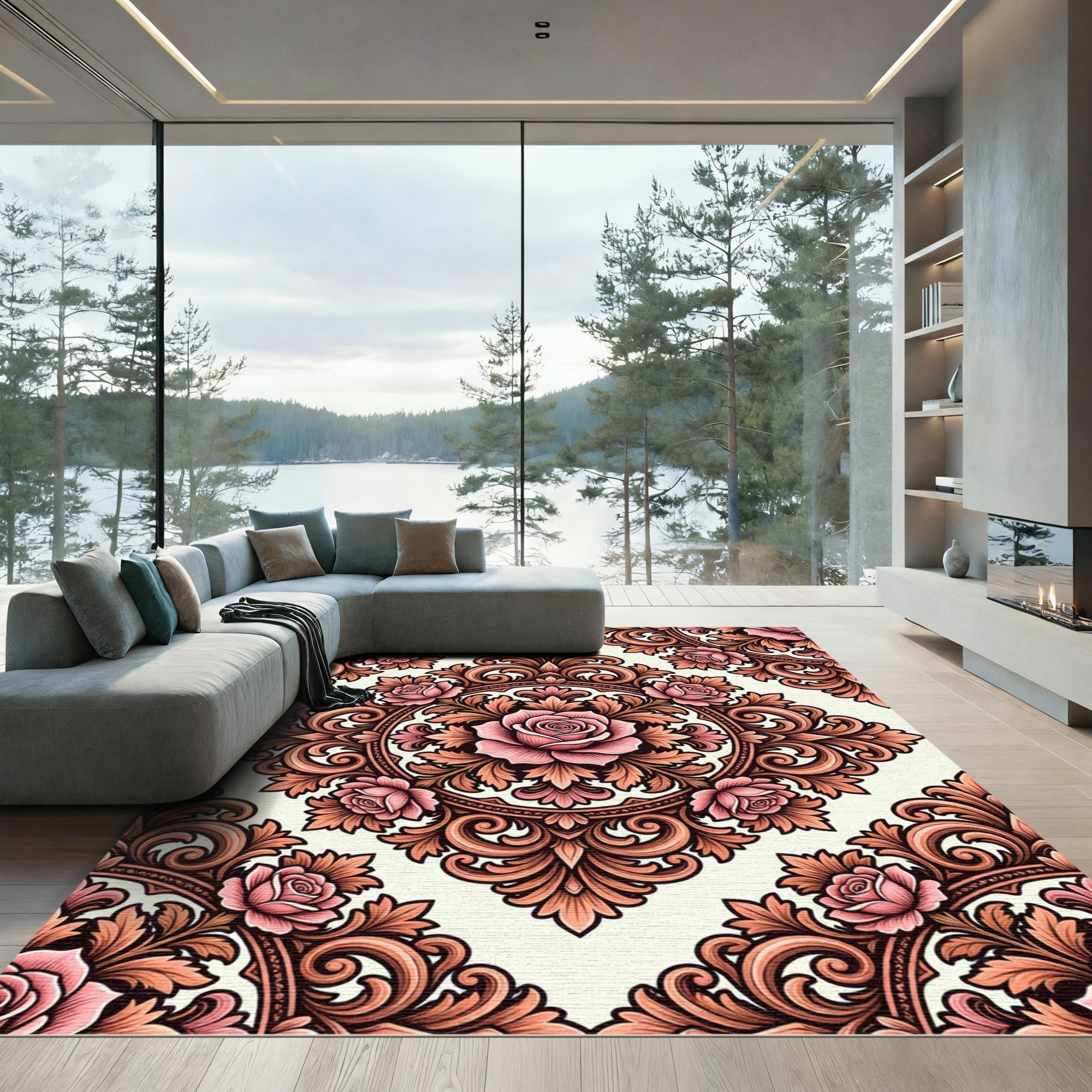 Vintage Pink Rose Floral Damask Rug