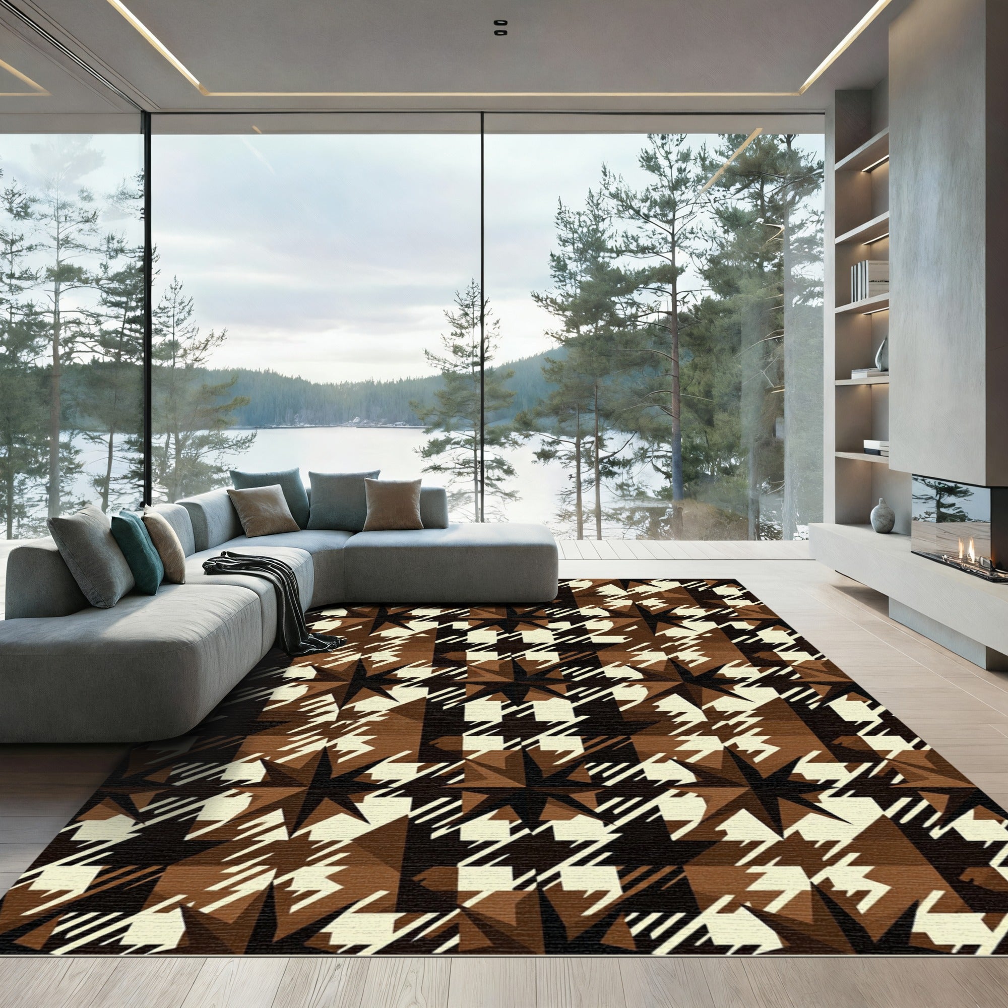 Brown Houndstooth Starburst Geometric Rug