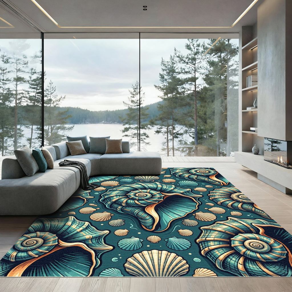 Teal Seashell Spiral Nautical Ocean Art Rug