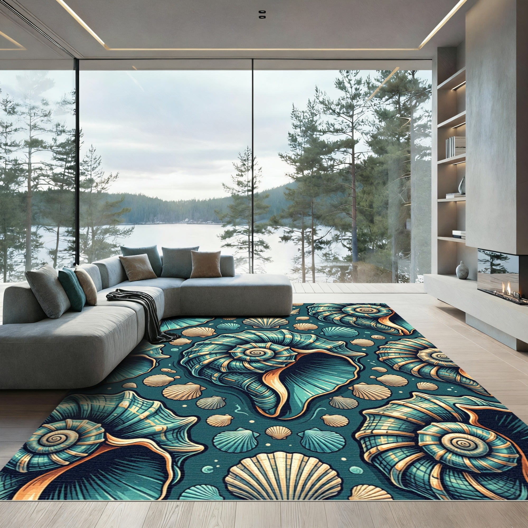Teal Seashell Spiral Nautical Ocean Art Rug