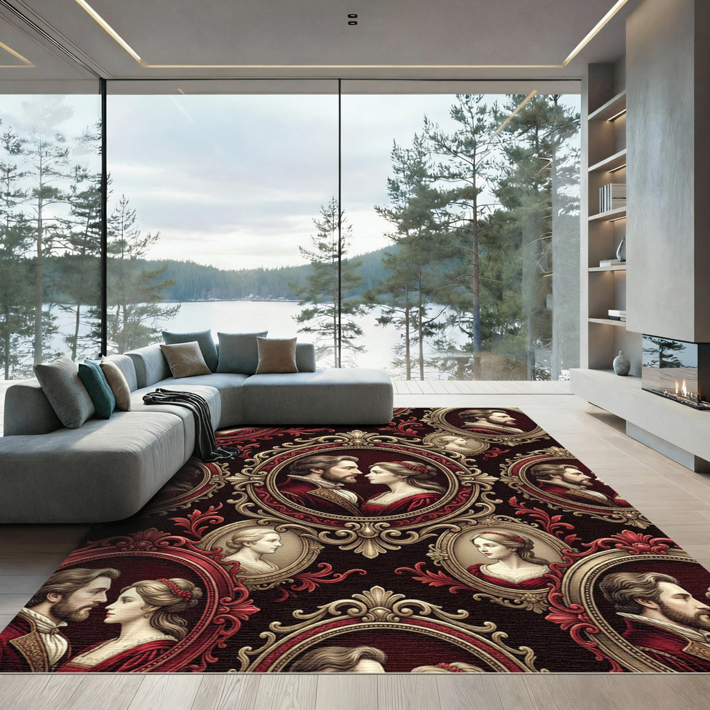 Regal Red Portrait Medallion Brocade Rug