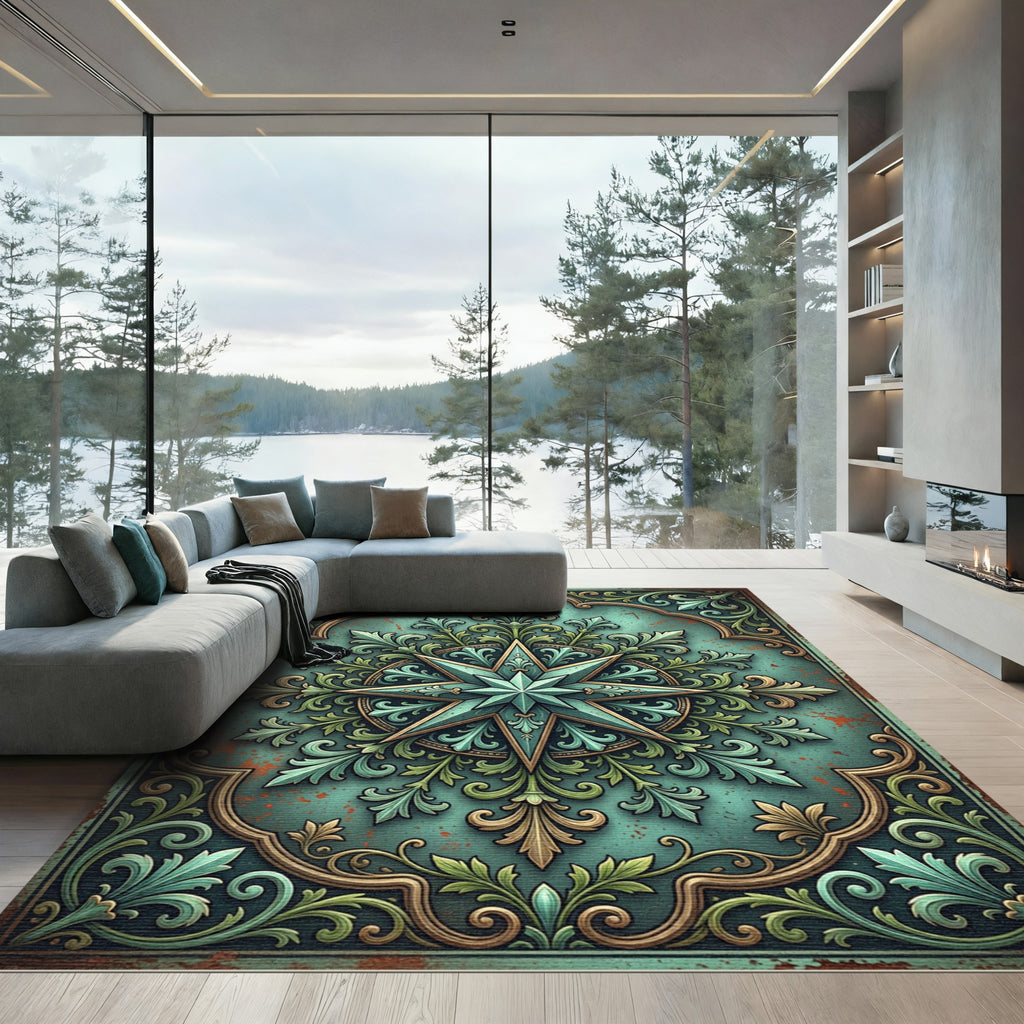 Ethereal Teal Compass Star Ornamental Filigree Rug