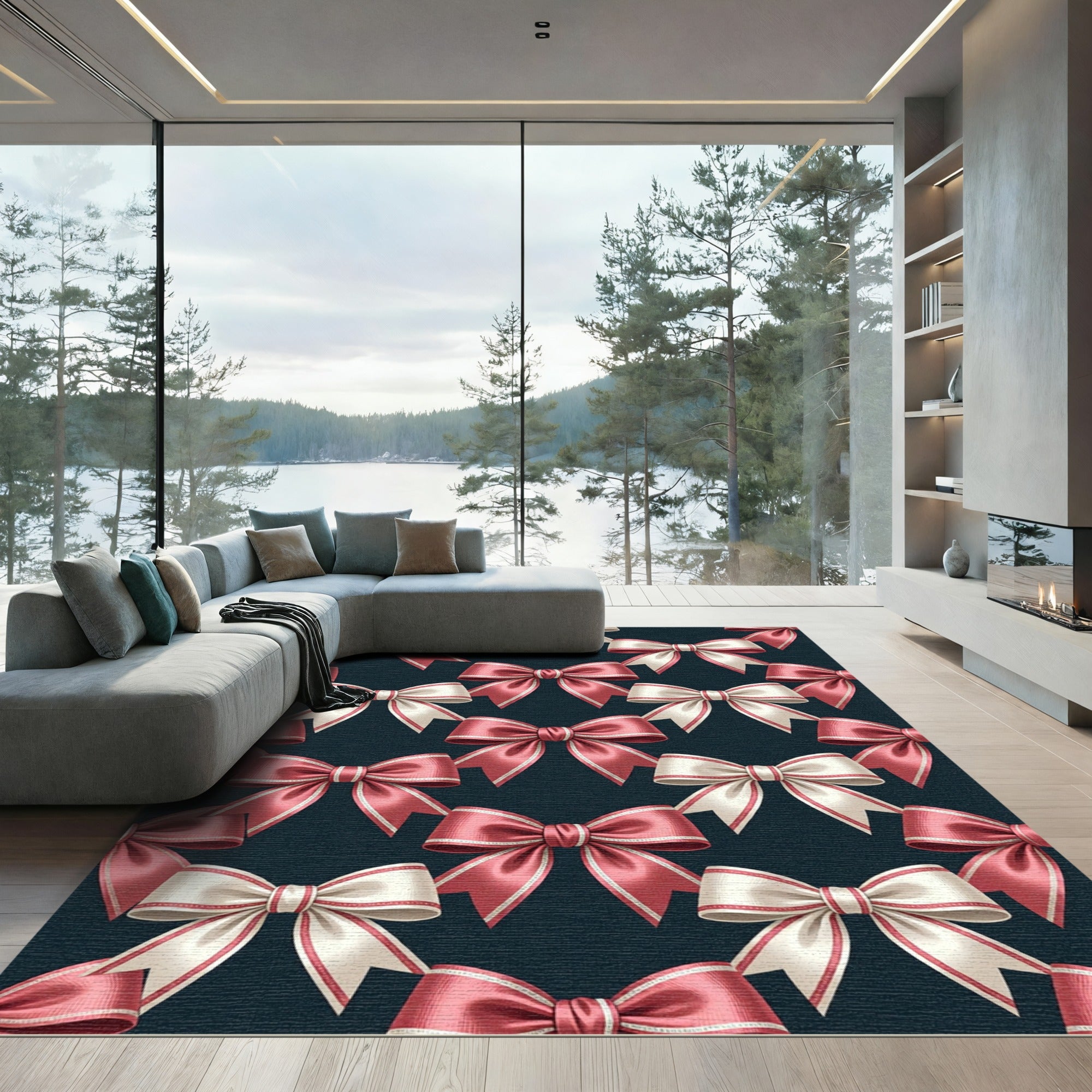 Elegant Pink and Cream Ribbon Bows Rug