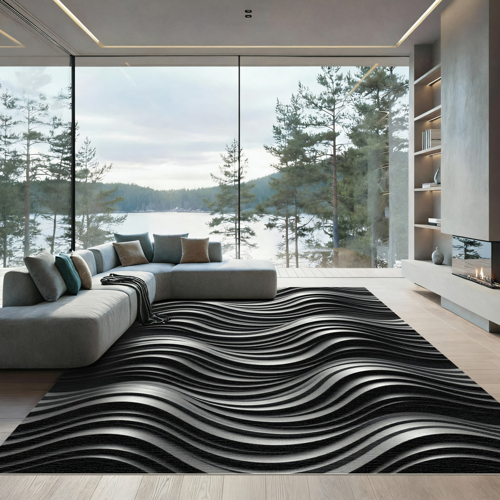 Monochrome Flowing Wave Surface Rug