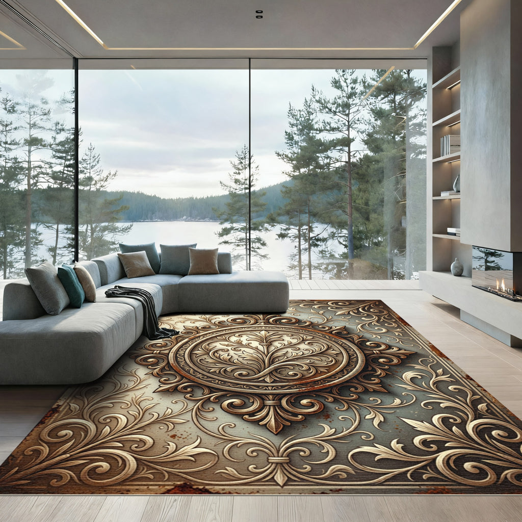 Antique Gold Scrollwork Floral Medallion Rug