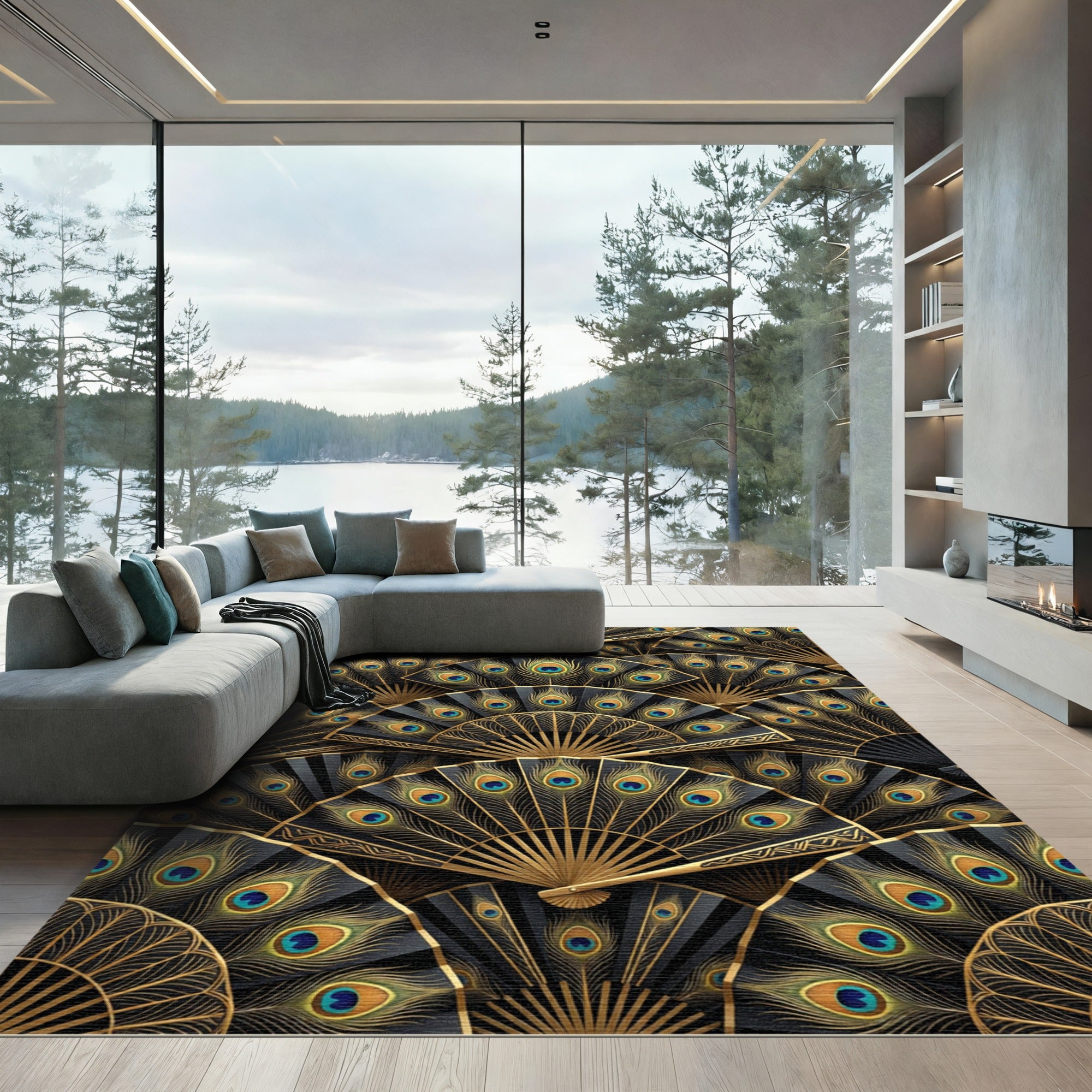 Black Gold Peacock Feather Fan Arrangement Rug