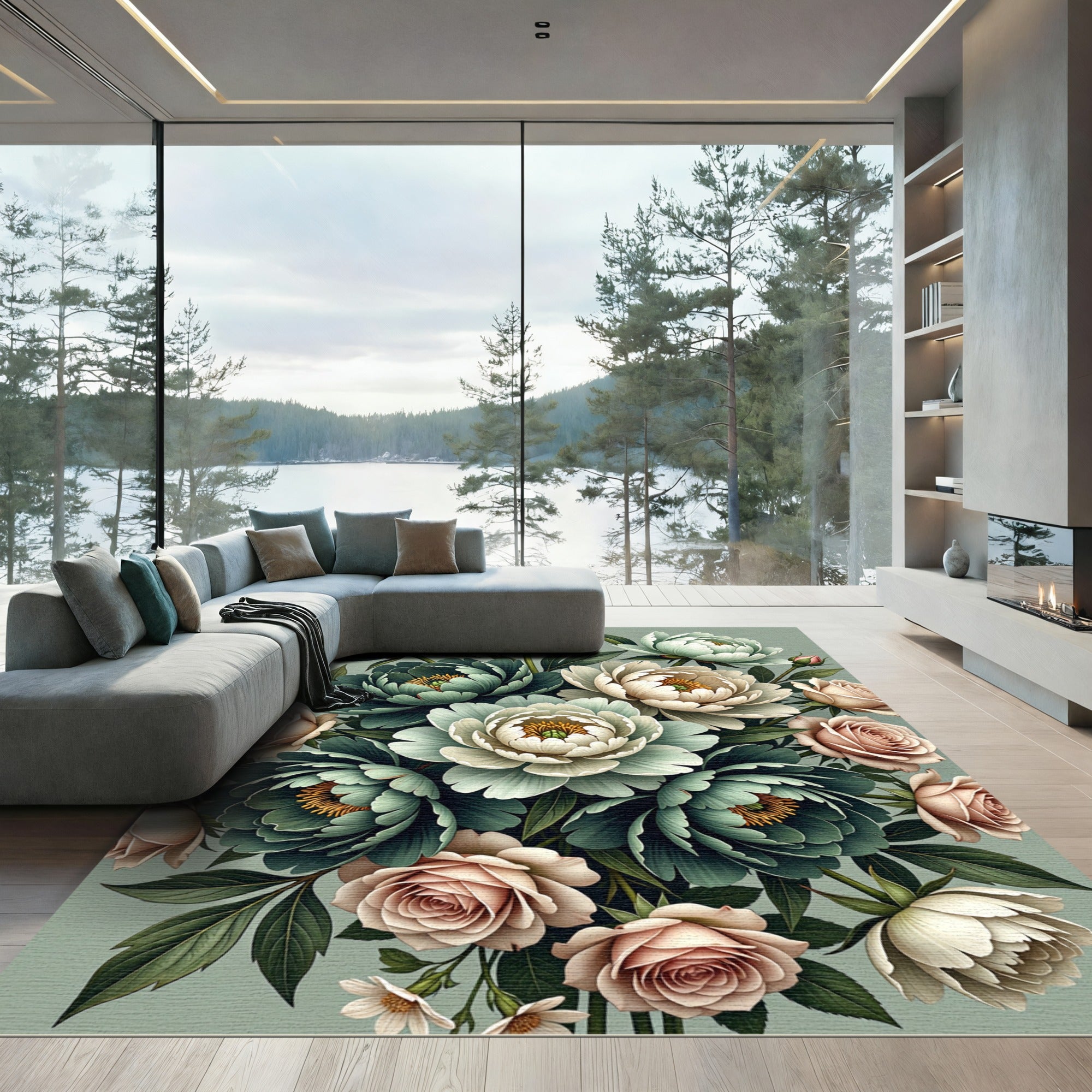 Emerald and Blush Floral Bouquet Rug