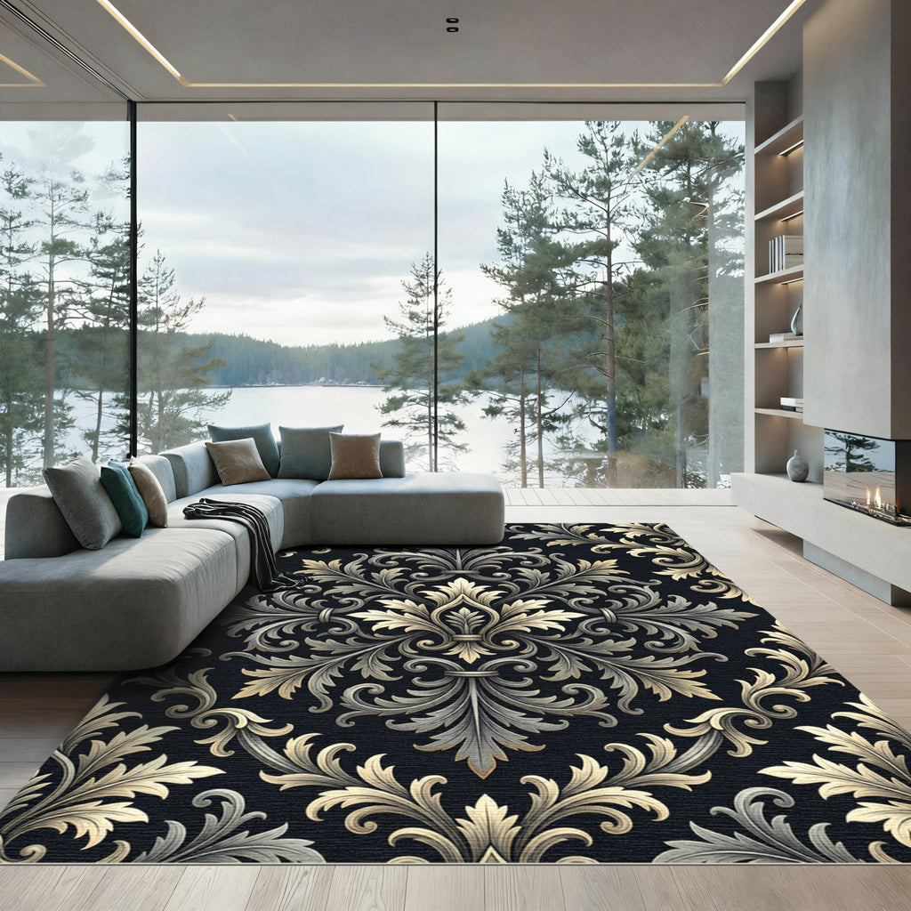 Elegant Charcoal Silver Damask Scroll Rug