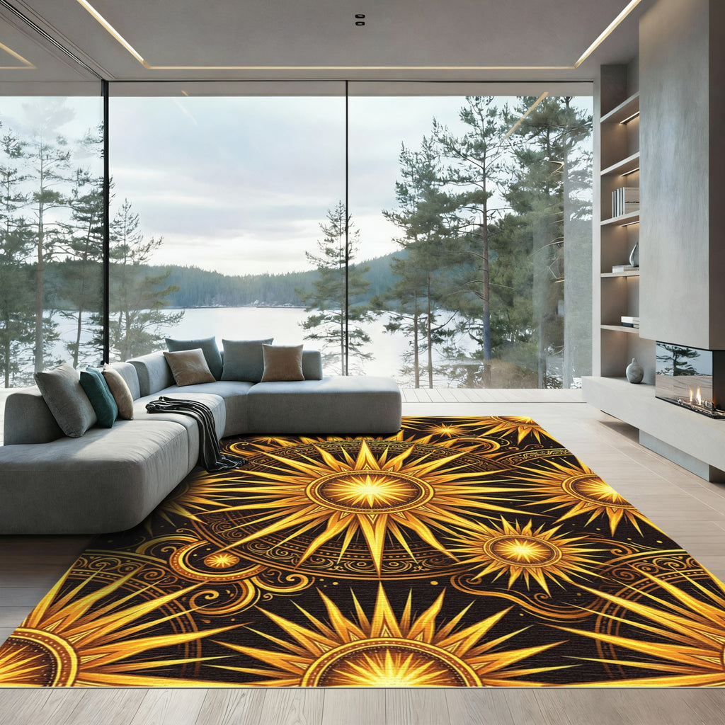 Celestial Gold Sunburst Starry Night Rug