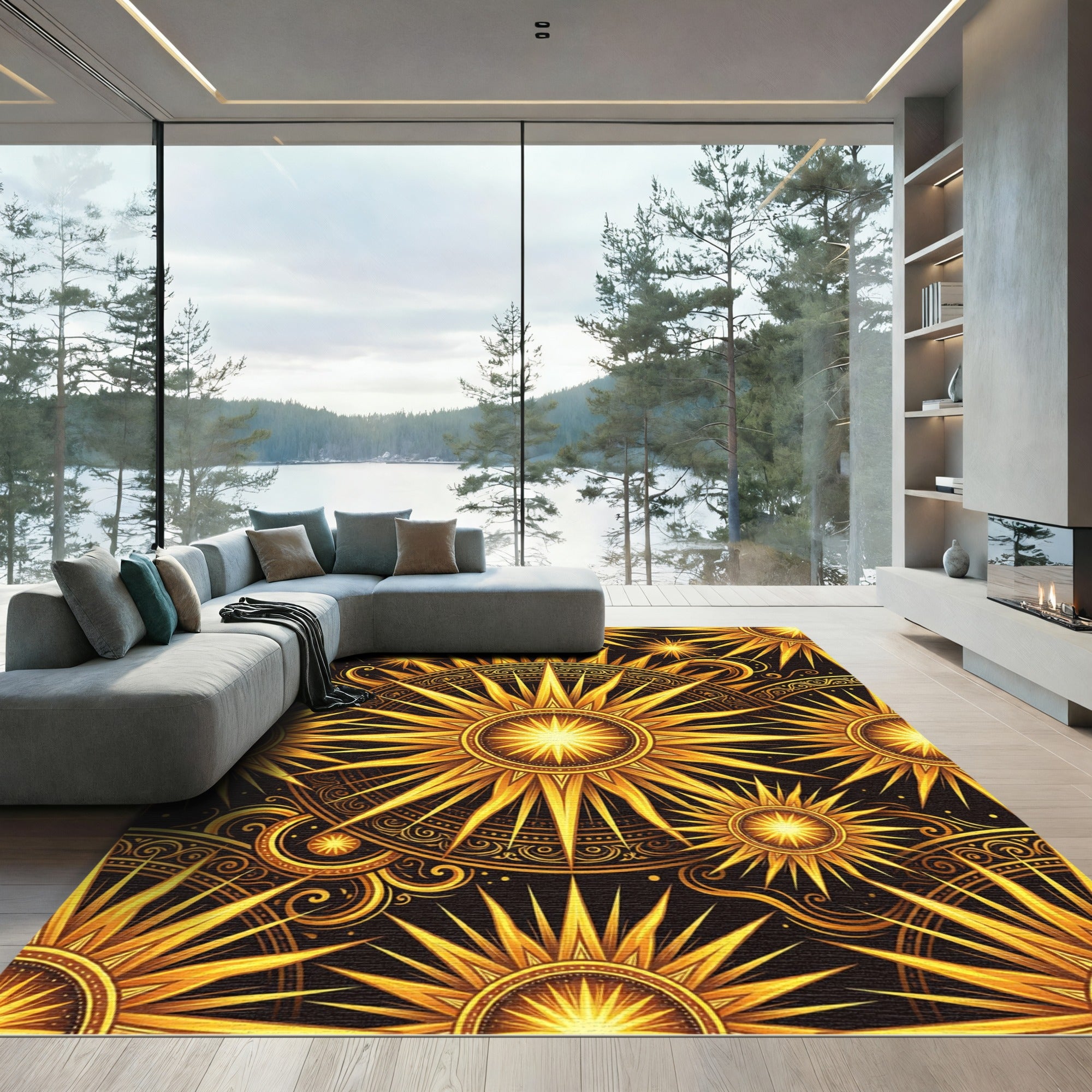 Celestial Gold Sunburst Starry Night Rug