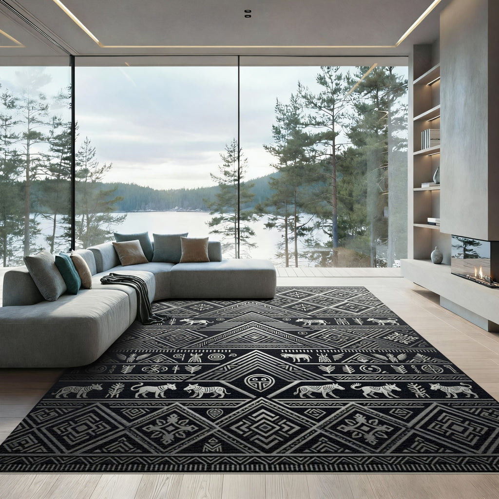 Tribal Silver Black Geometric Animal Rug