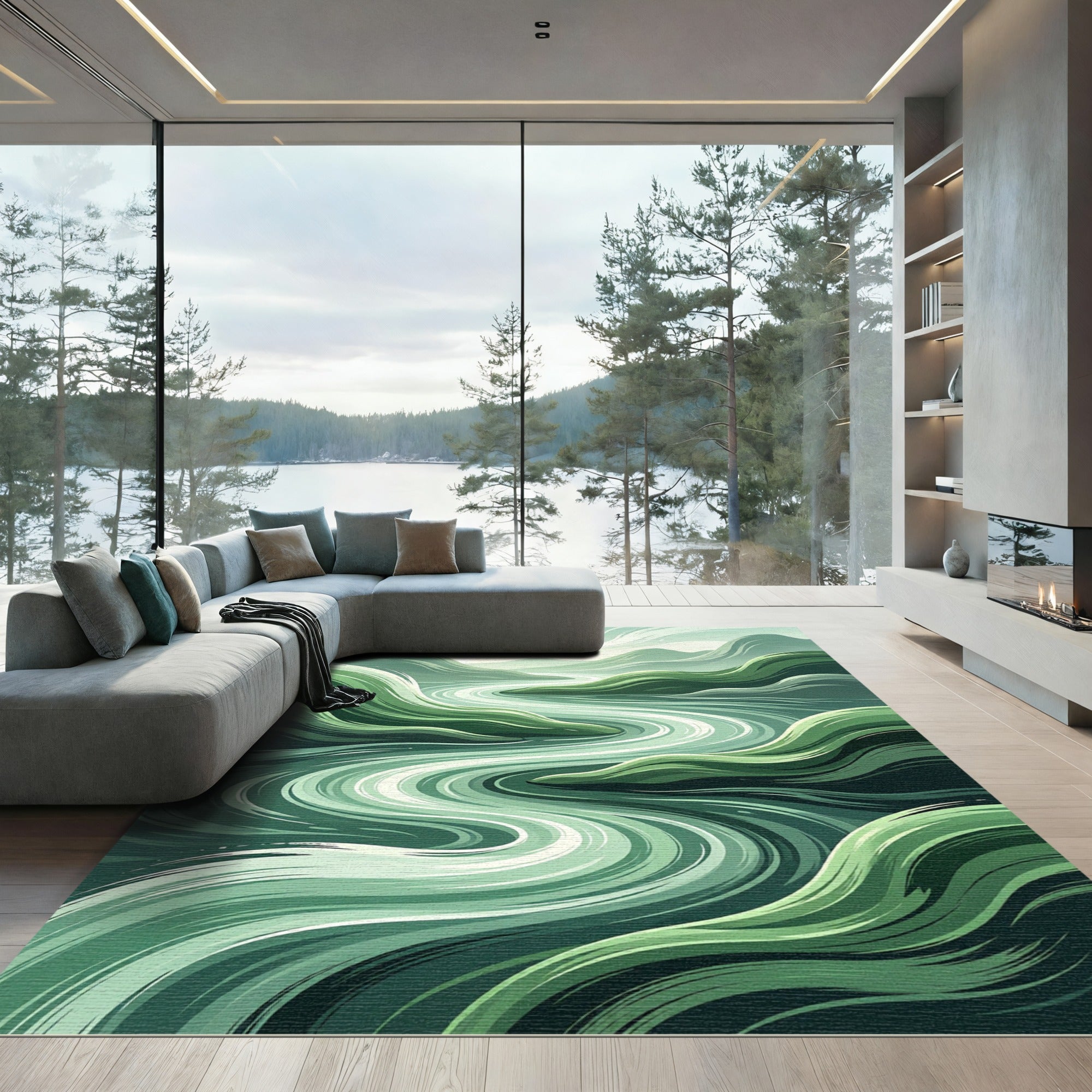 Abstract Emerald Flowing River Landscape Rug