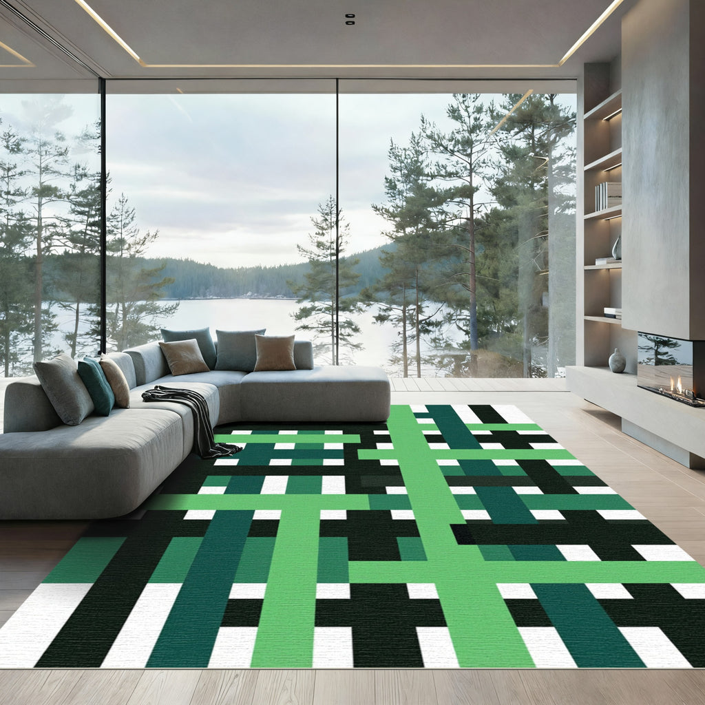 Modern Geometric Grid Forest Green Rug
