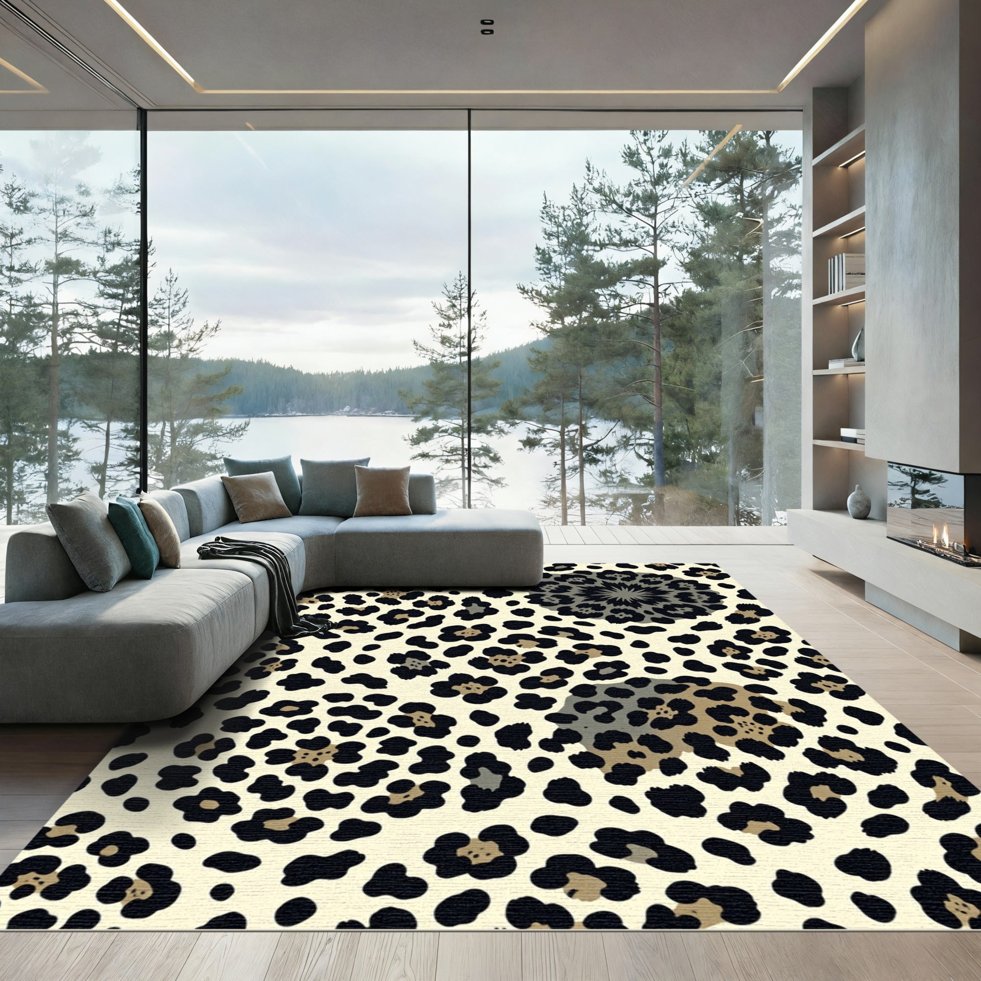 Beige Leopard Spots Charcoal Abstract Floral Rug