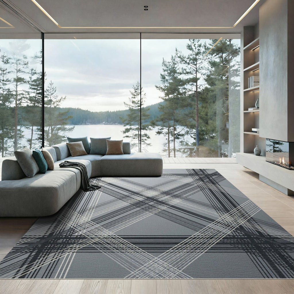 Modern Gray Plaid Overlapping Lines Rug