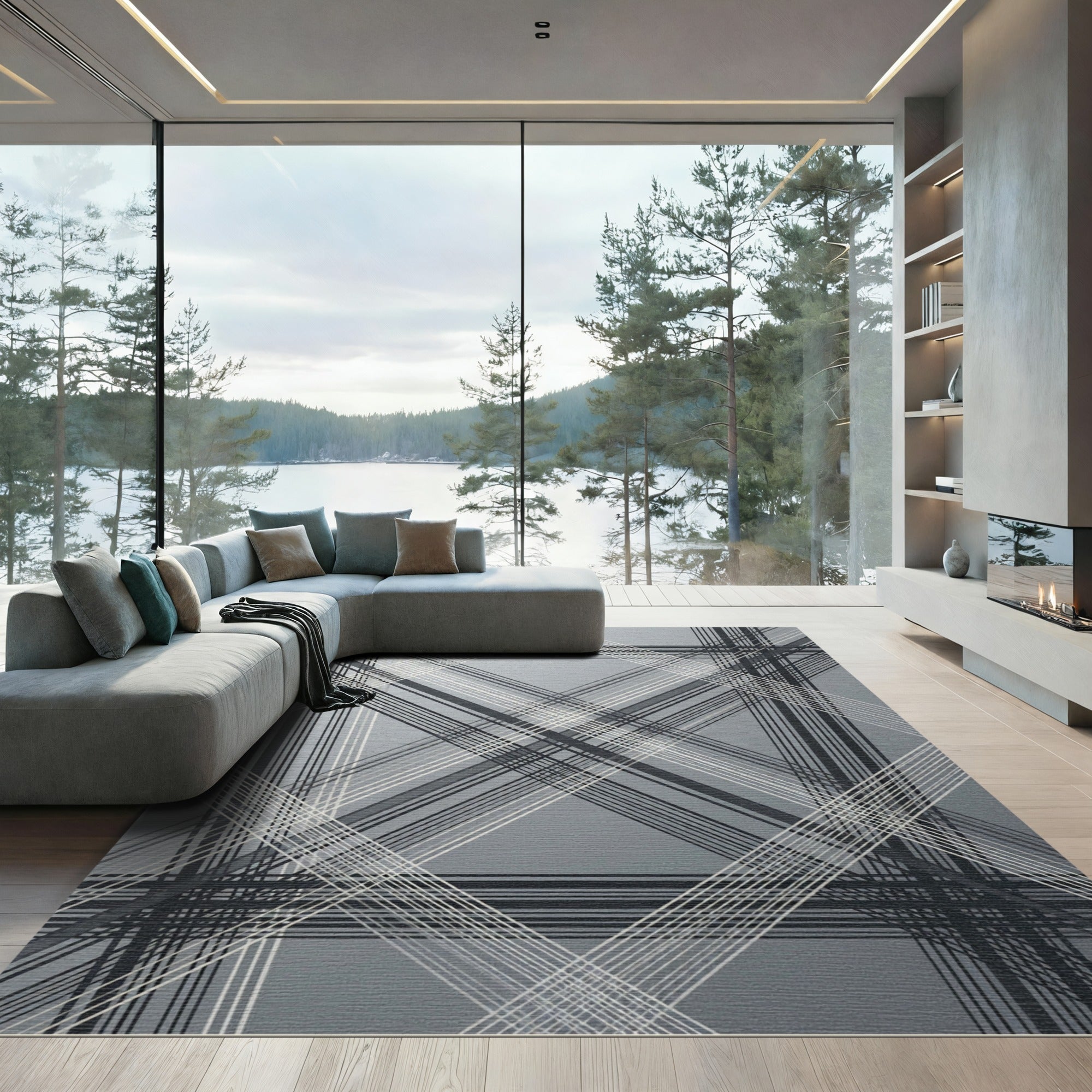 Modern Gray Plaid Overlapping Lines Rug