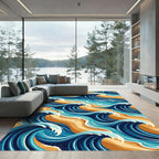 Dynamic Navy Blue Golden Ocean Wave Rug