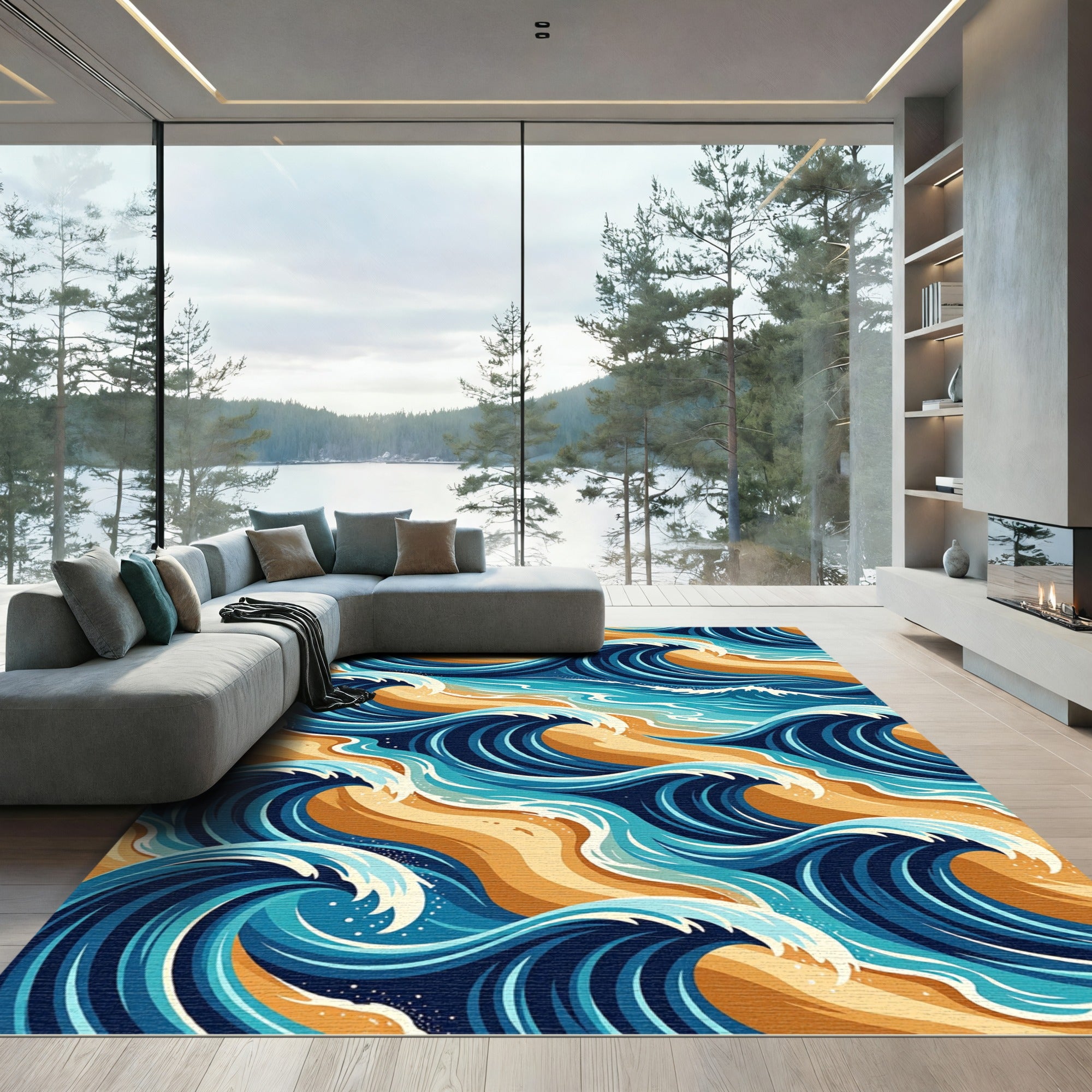 Dynamic Navy Blue Golden Ocean Wave Rug