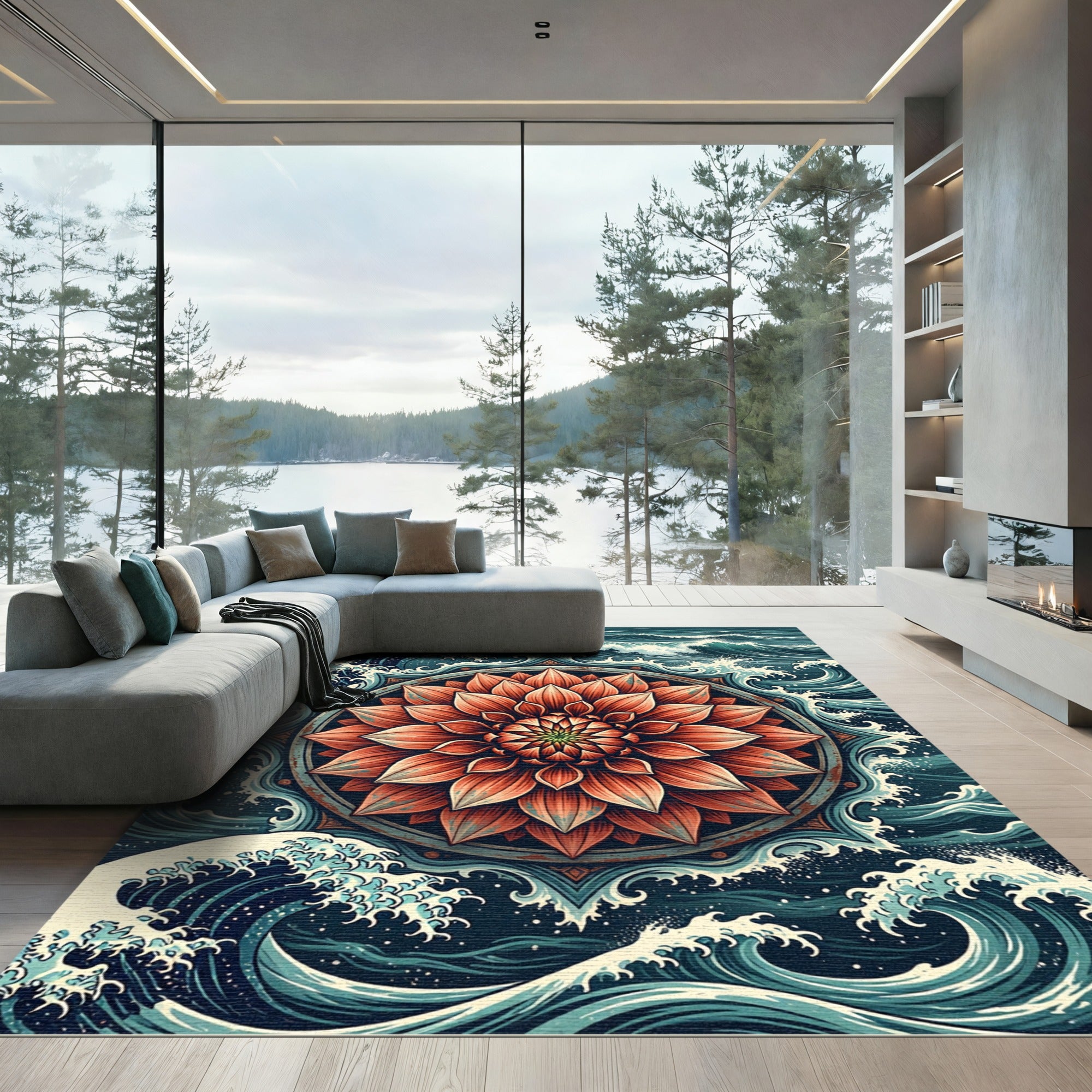 Coral Lotus Flower and Oceanic Wave Rug