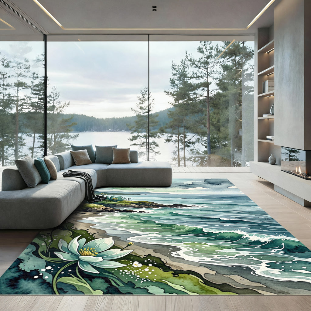 Coastal Watercolor Shoreline Green Floral Rug