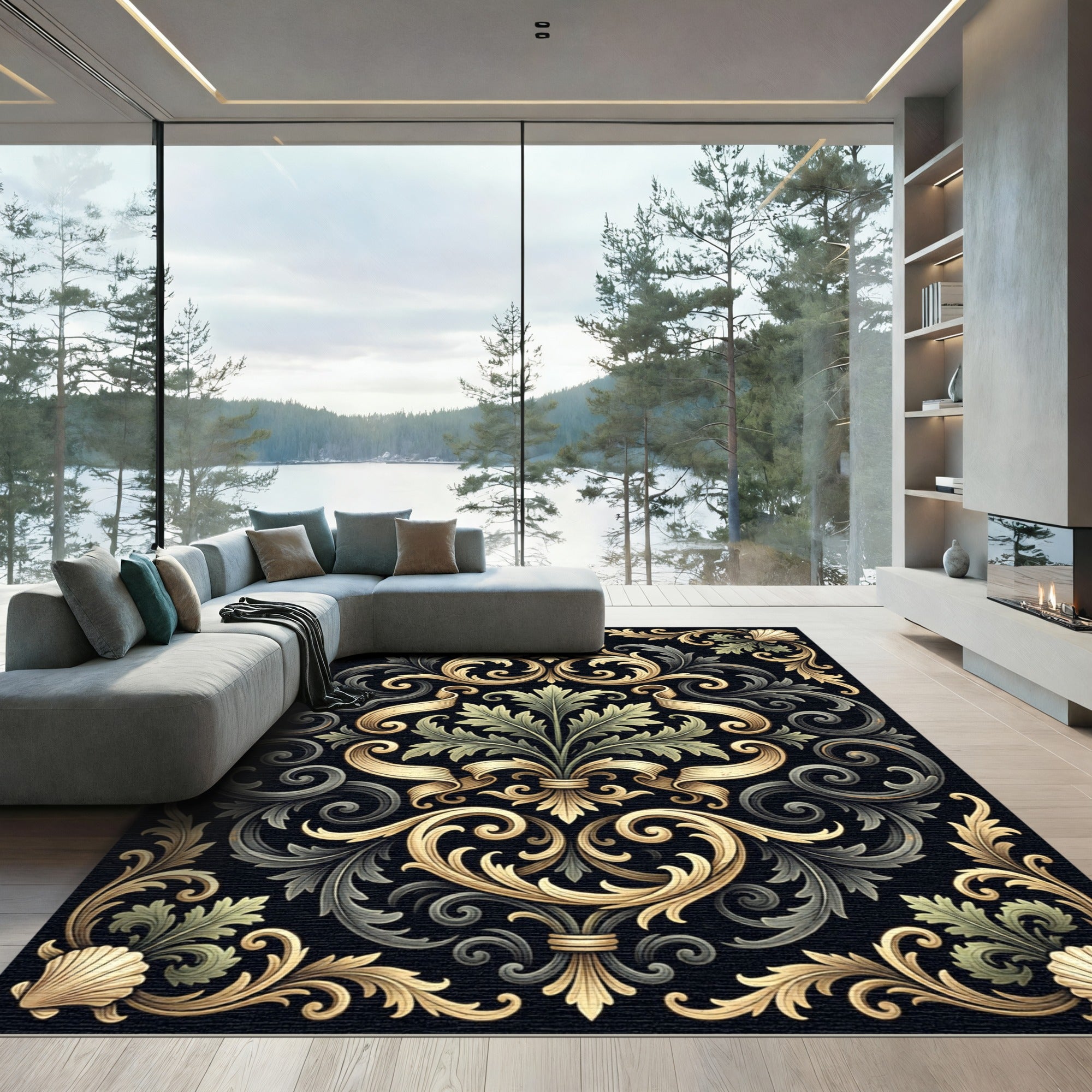 Elegant Gold Black Baroque Acanthus Scroll Rug