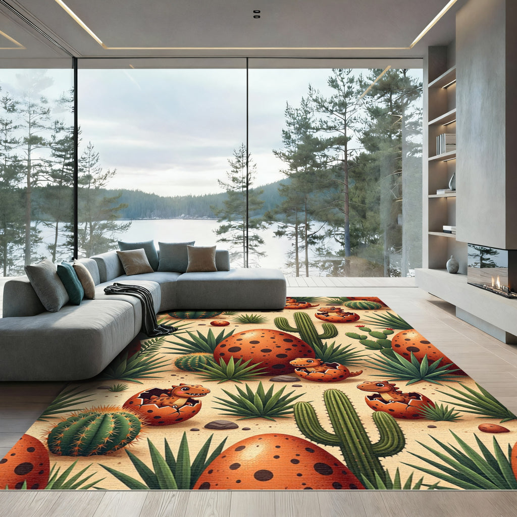 Whimsical Desert Dinosaur Egg Cactus Meadow Rug