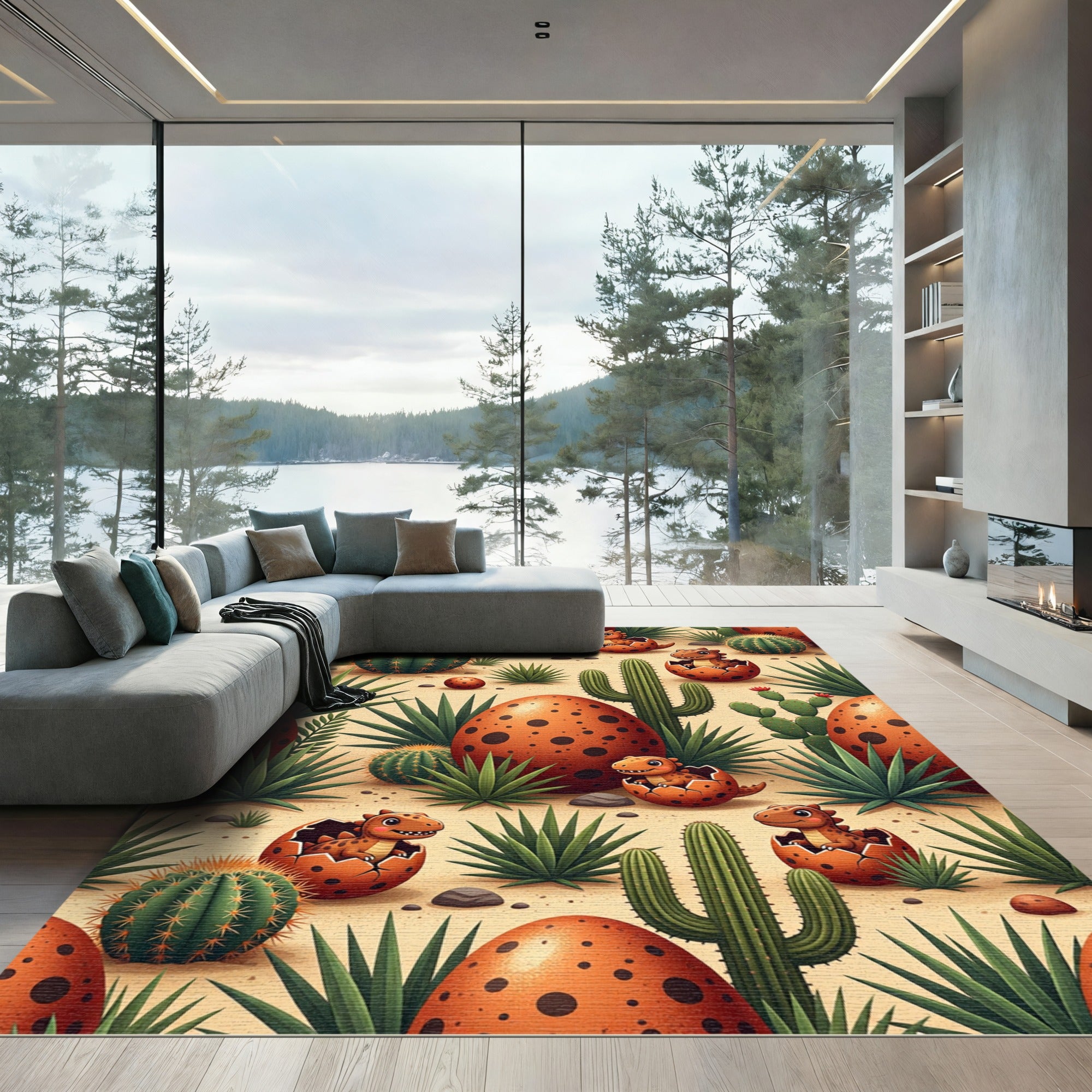 Whimsical Desert Dinosaur Egg Cactus Meadow Rug
