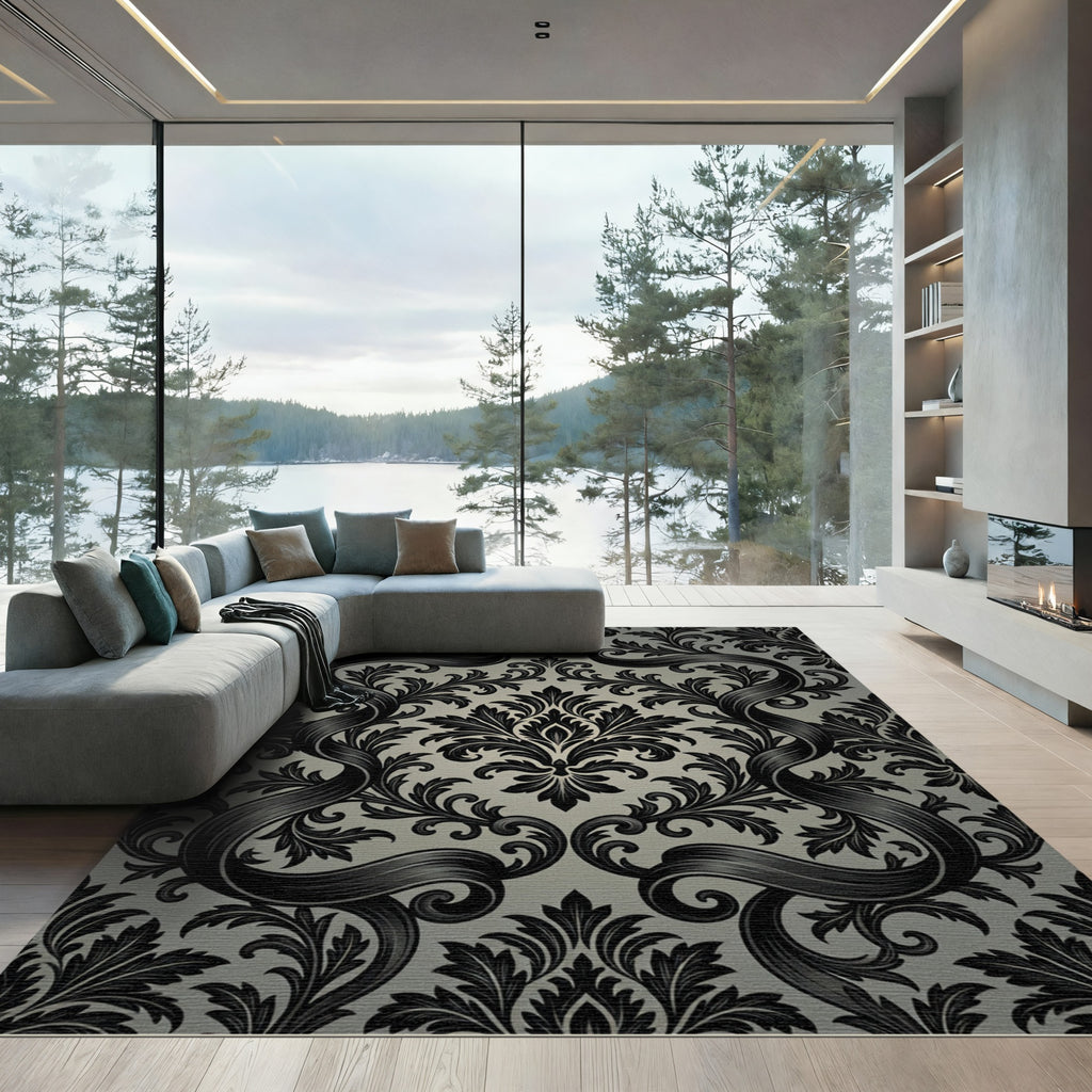Elegant Black Damask Baroque Scroll Rug