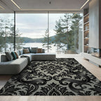 Elegant Black Damask Baroque Scroll Rug