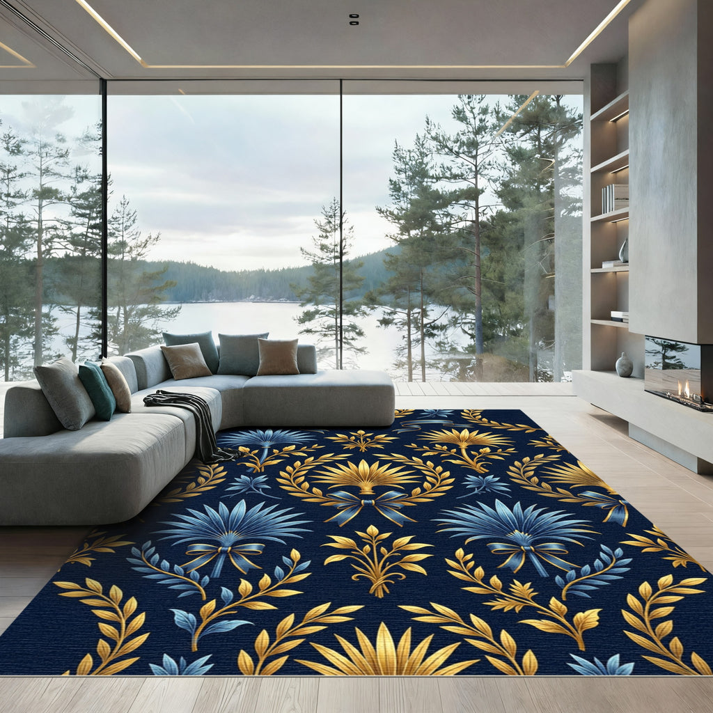 Golden Palm Leaf Navy Floral Damask Rug