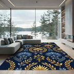 Golden Palm Leaf Navy Floral Damask Rug