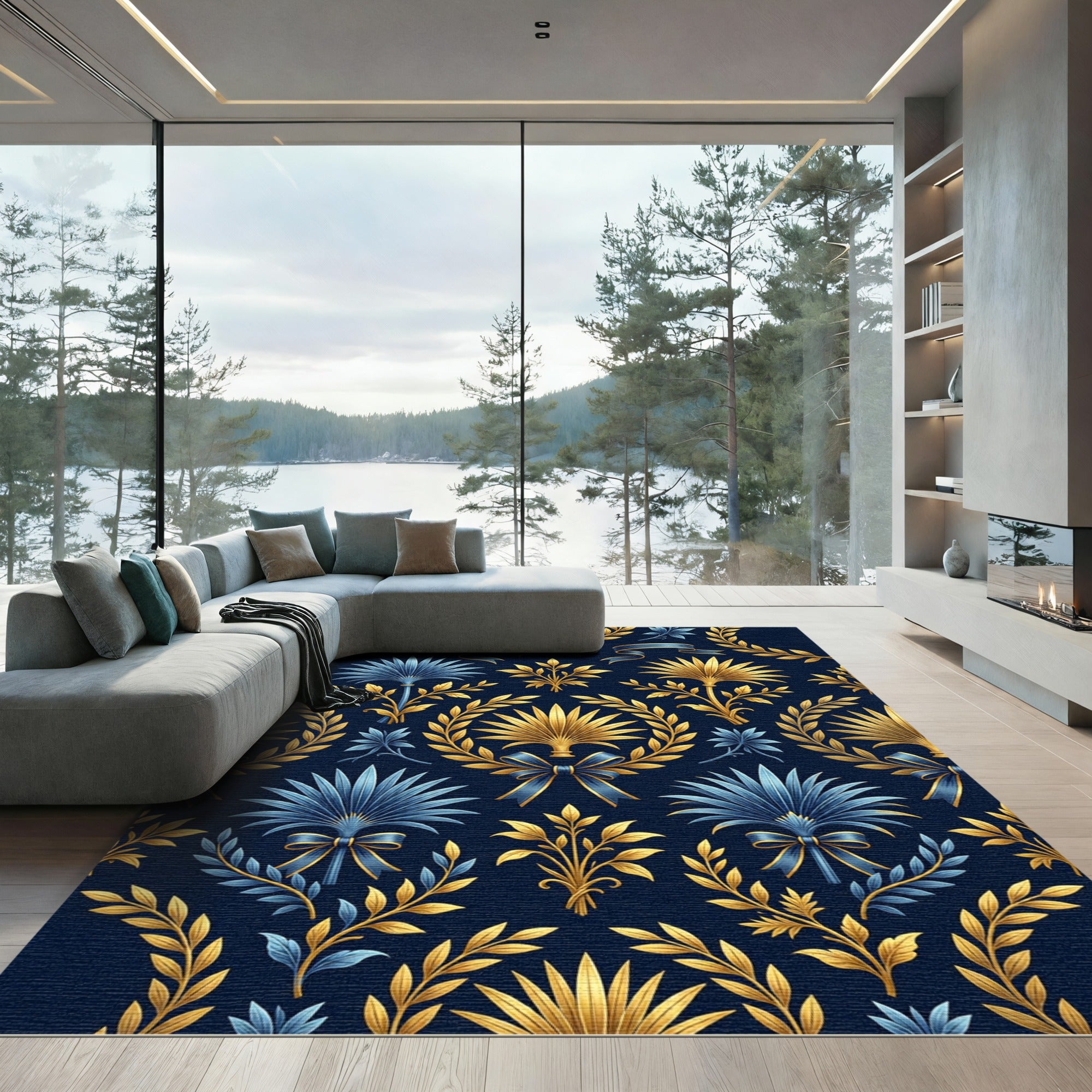 Golden Palm Leaf Navy Floral Damask Rug