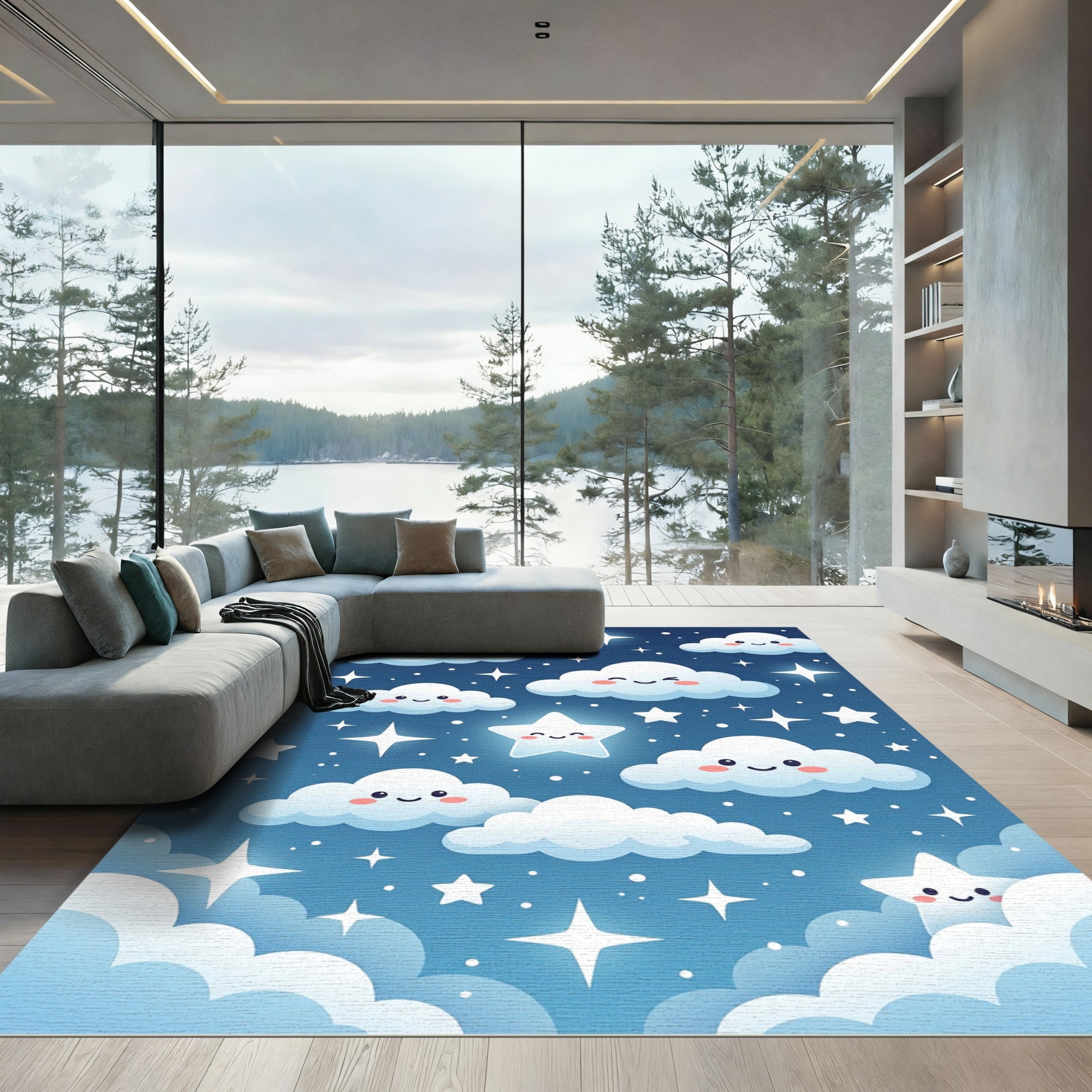 Whimsical Blue Night Sky Clouds Stars Rug