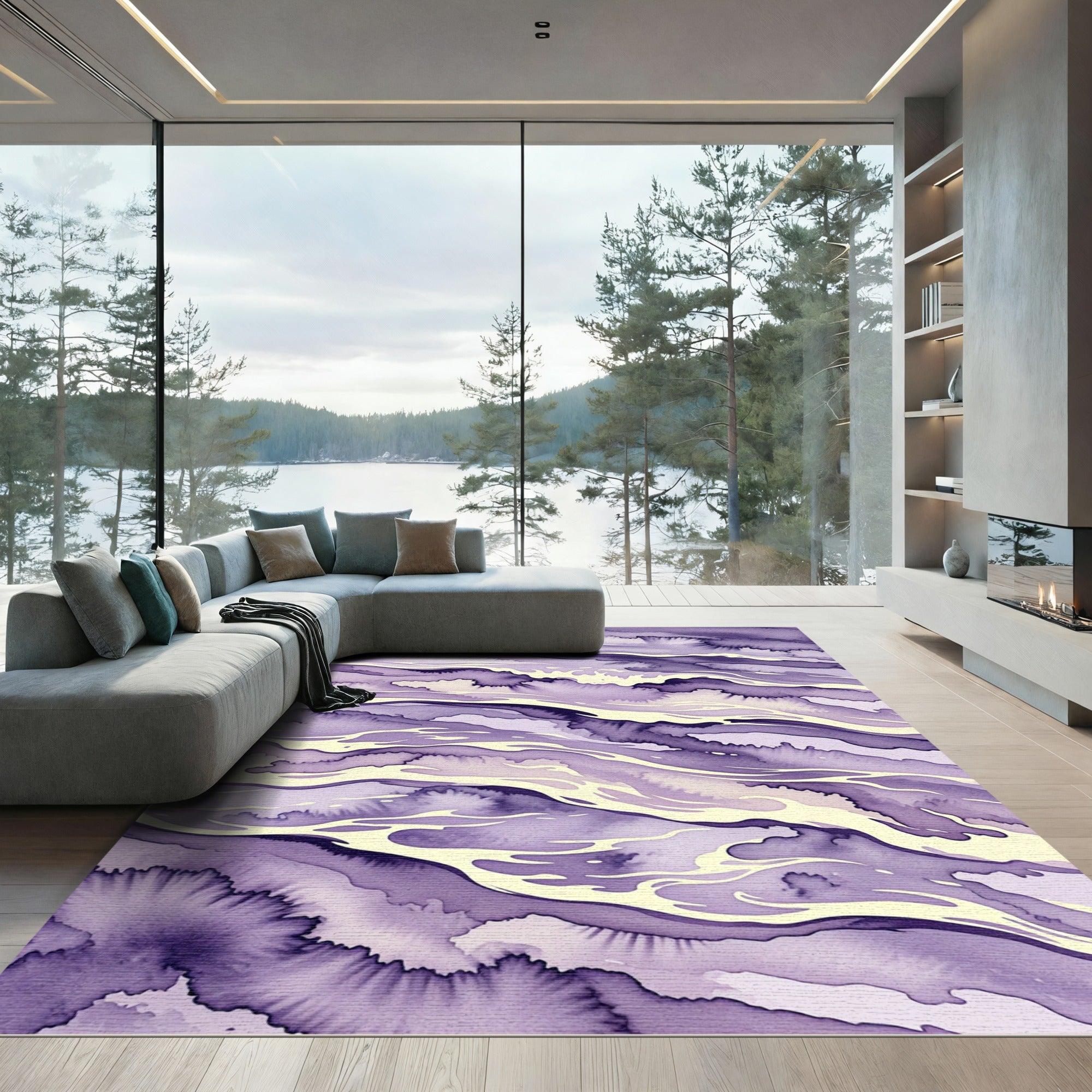 Abstract Watercolor Purple Rippled Flow Rug