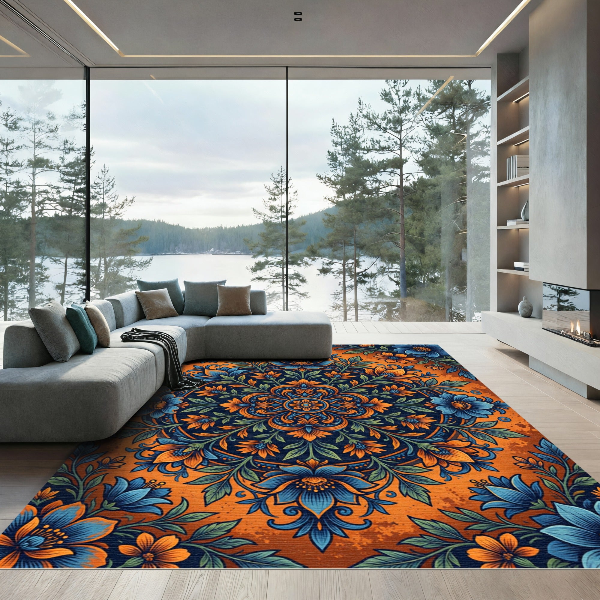 Saturated Blue Orange Blossom Mandala Rug