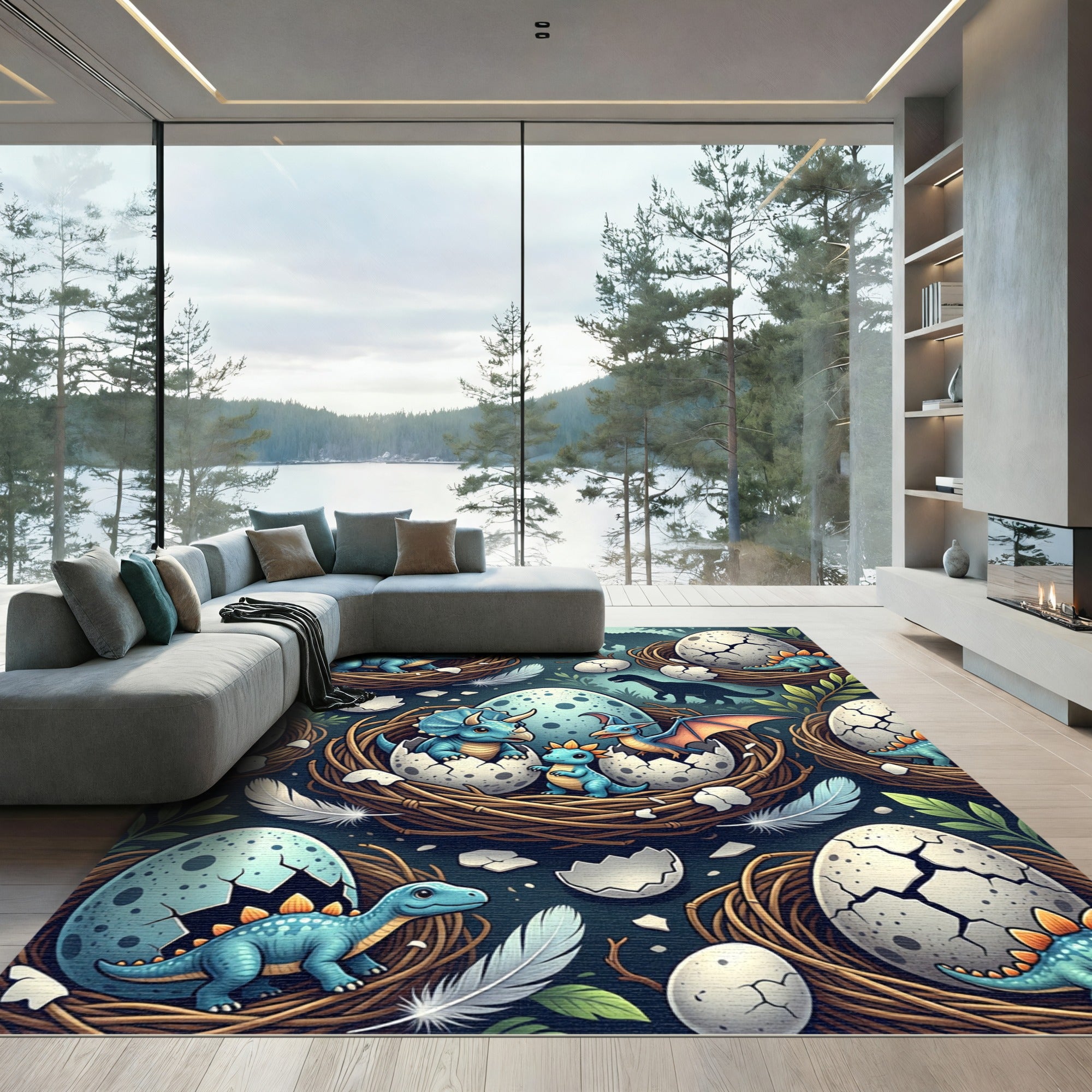 Whimsical Blue Dinosaur Hatching Egg Scene Rug