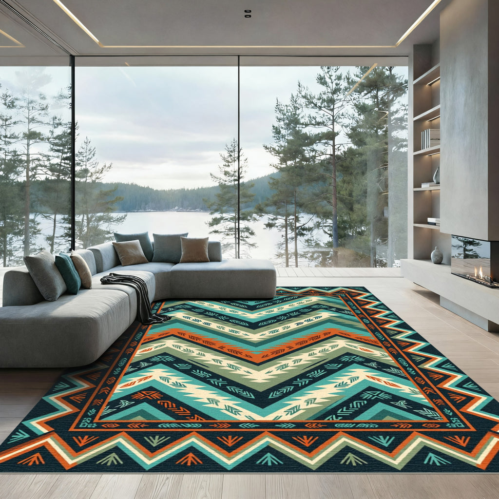 Teal and Orange Southwestern Chevron Rug